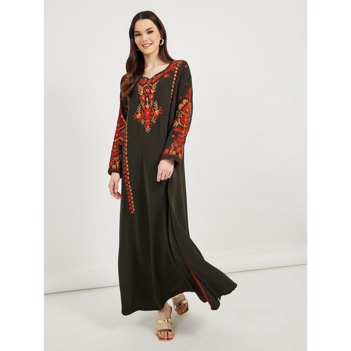 Maxim Creation X Styli  Embroidered Notch Neck Kaftan-women-arabicclothing-kaftan-image-2