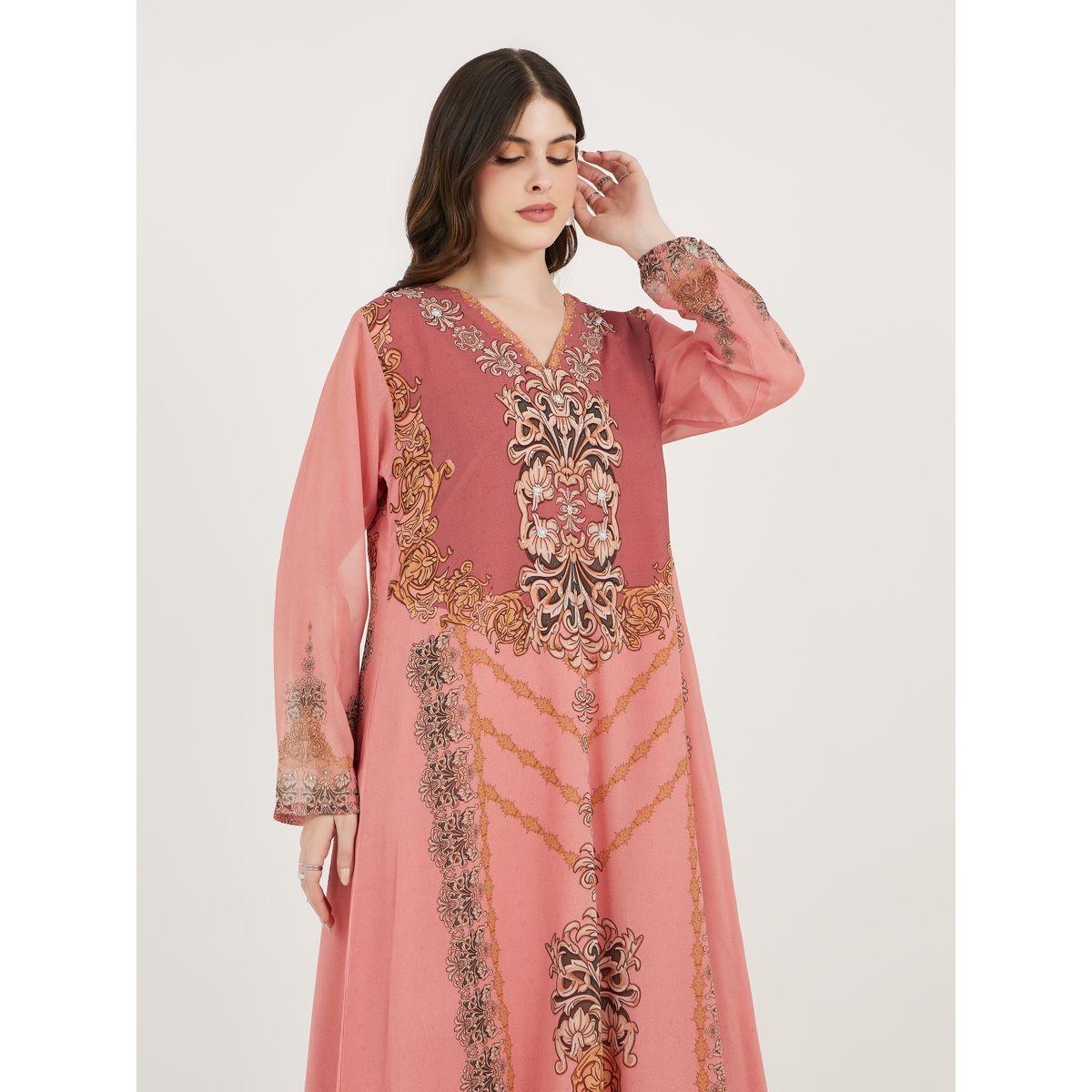 Maxim Creation X Styli  Damask Print Studded Georgette Kaftan-women-arabicclothing-kaftan-image-2
