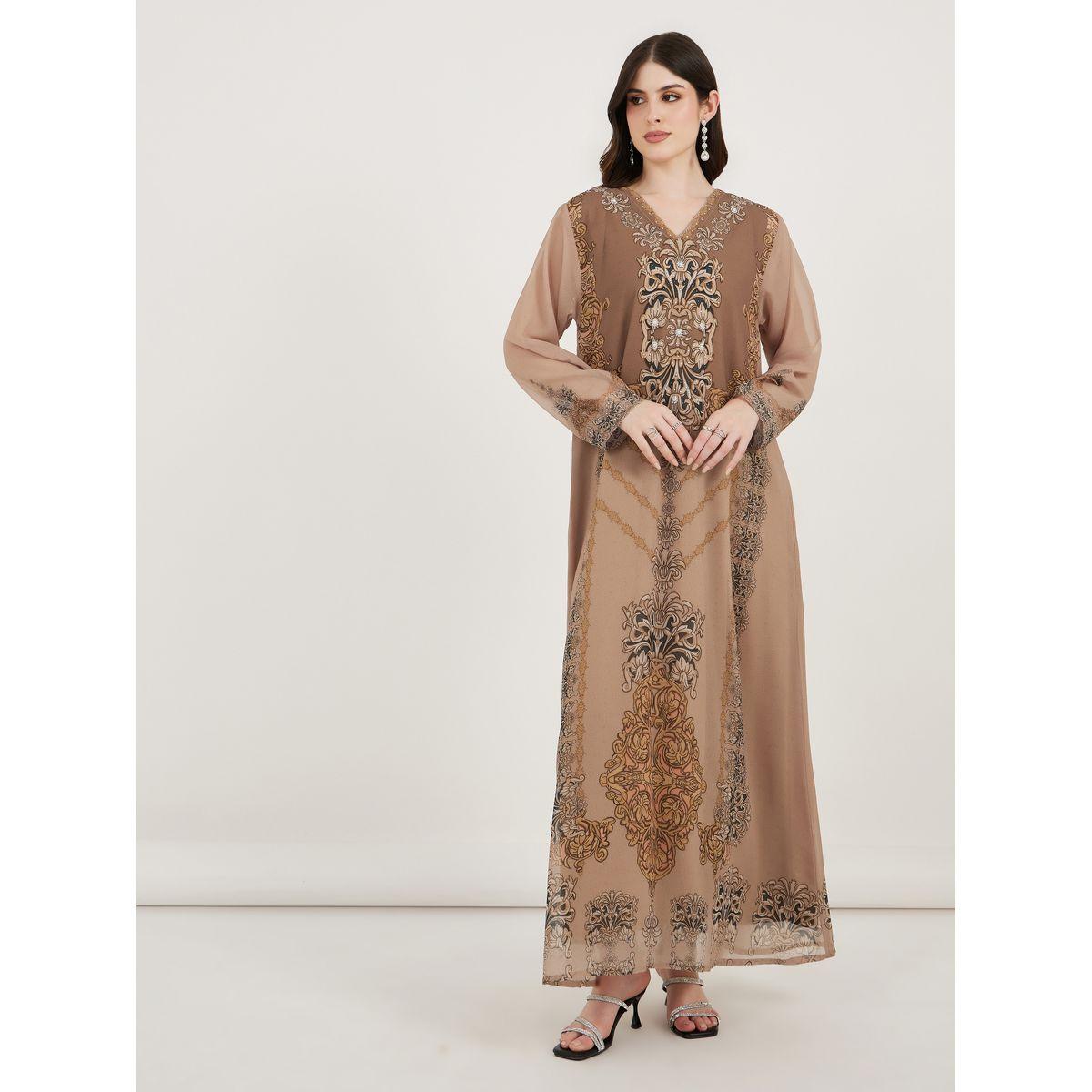 Maxim Creation X Styli  Damask Print Studded Georgette Kaftan-women-arabicclothing-kaftan-image-1