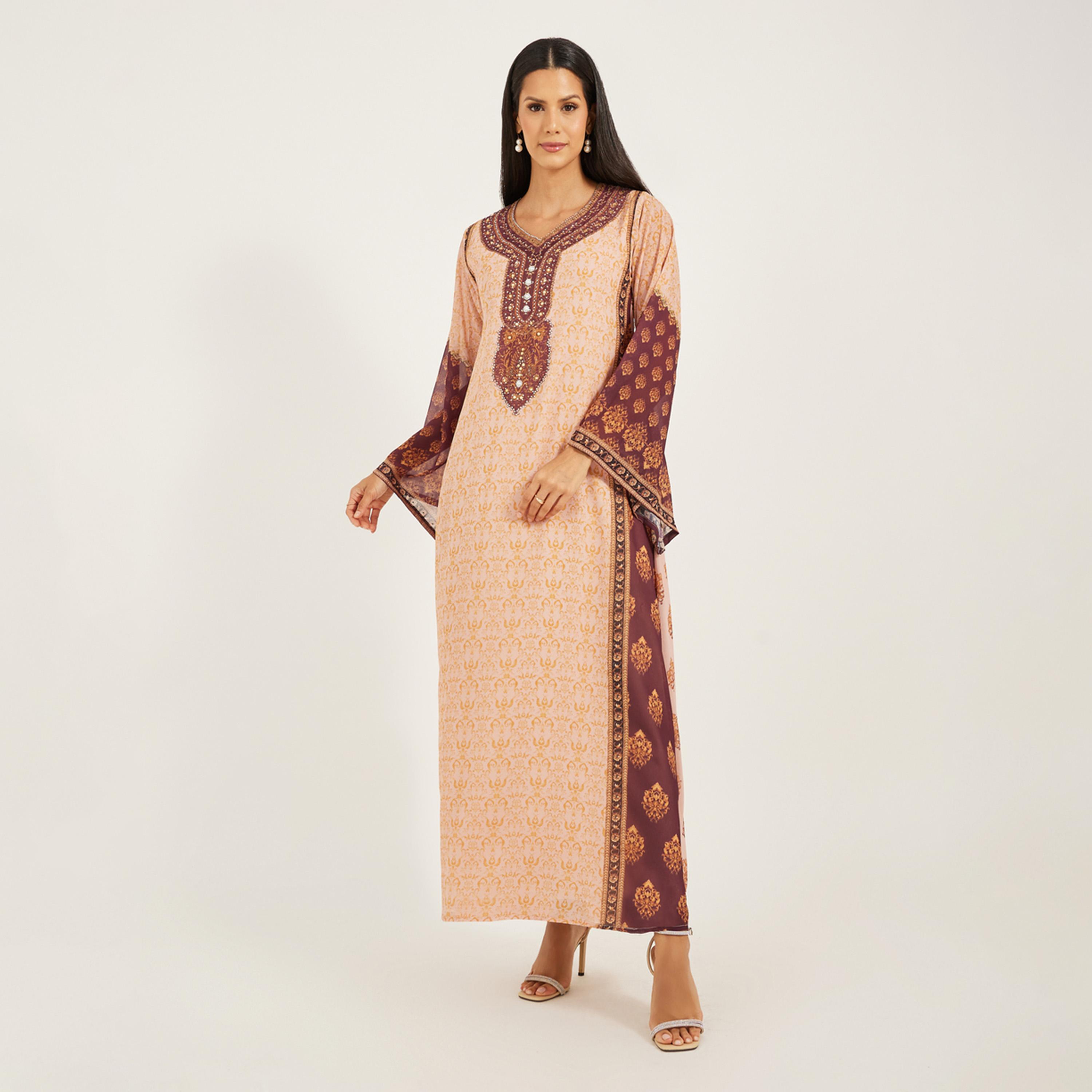 ماكسيم كرييشن × ستايلي - قفطان مطبوع بأكمام بشكل الجرس وقصة A-women-arabicclothing-kaftan-image-1