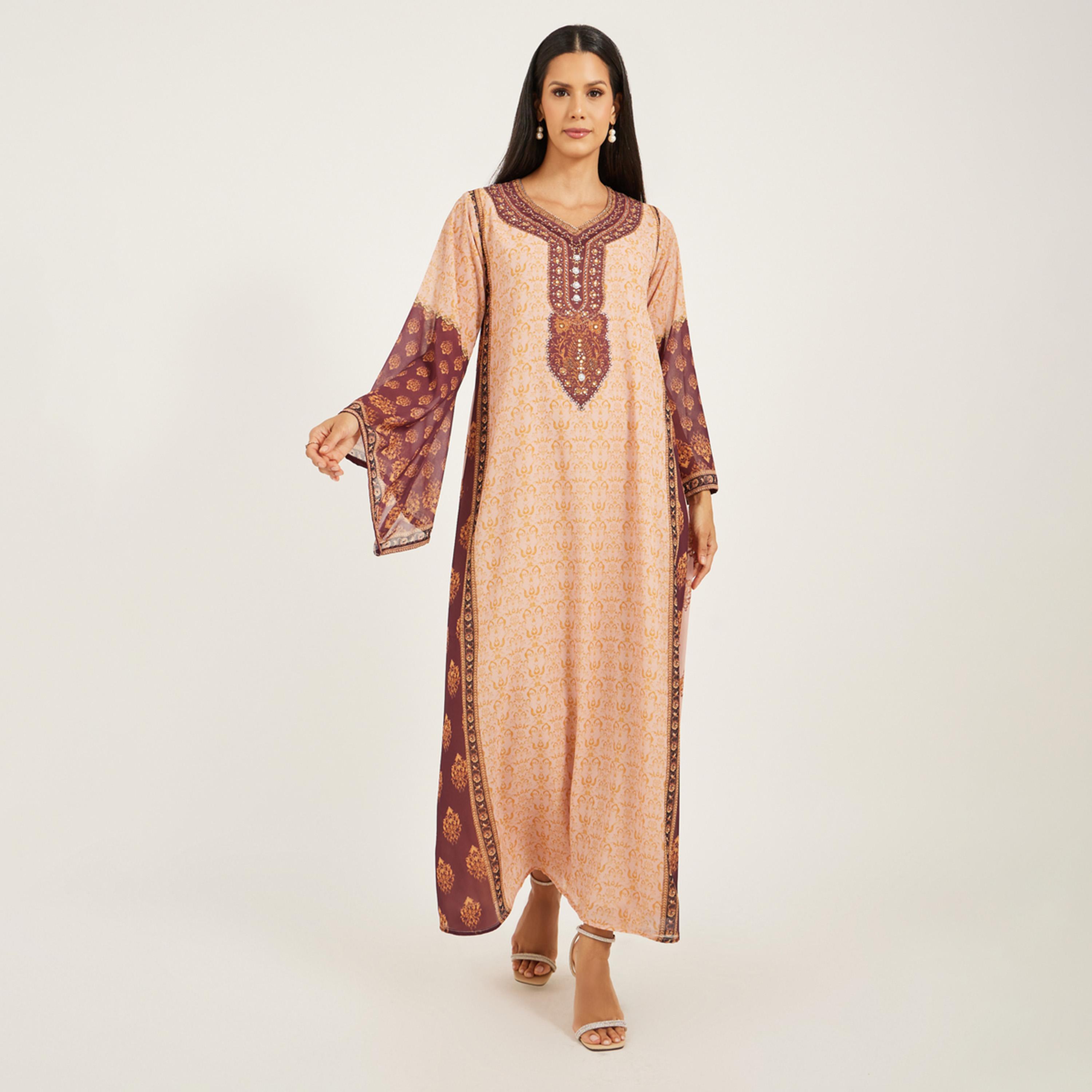 ماكسيم كرييشن × ستايلي - قفطان مطبوع بأكمام بشكل الجرس وقصة A-women-arabicclothing-kaftan-image-2