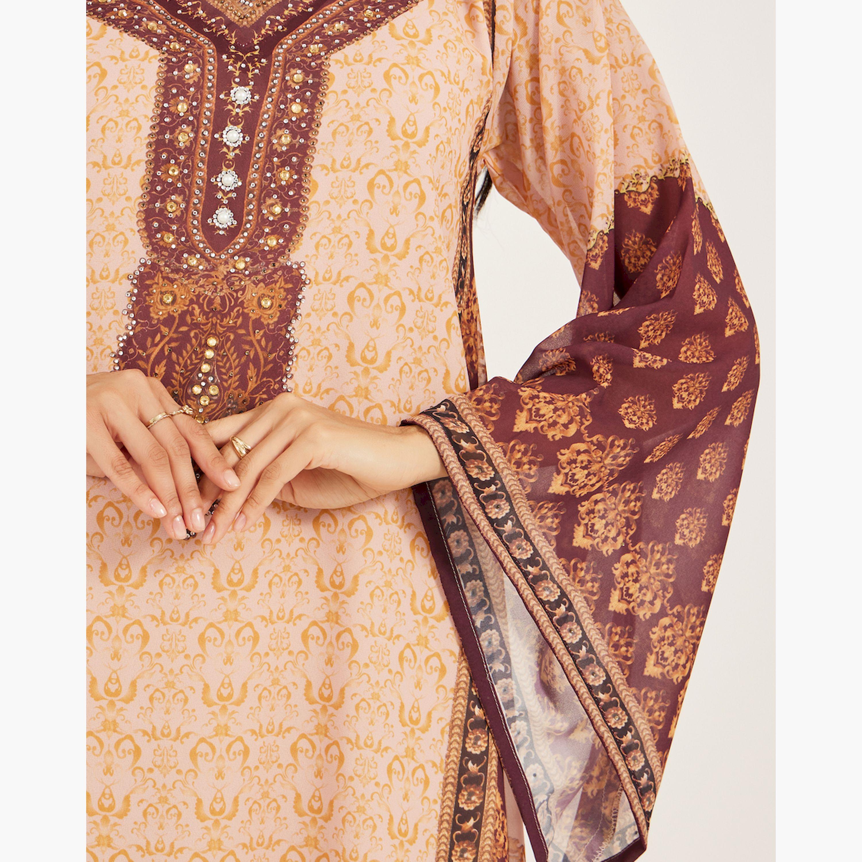 ماكسيم كرييشن × ستايلي - قفطان مطبوع بأكمام بشكل الجرس وقصة A-women-arabicclothing-kaftan-image-4