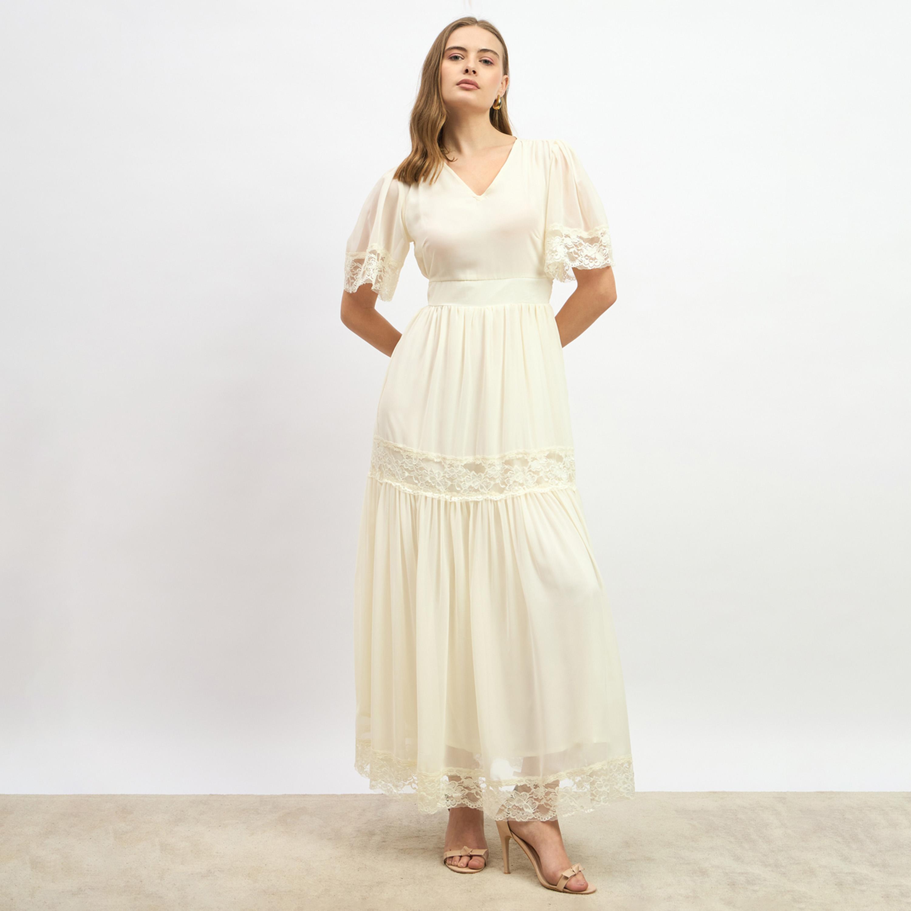 Styli Plain Flared Sleeves Tiered Maxi Dress with Lace Trim-women-clothing-dresses-image-2