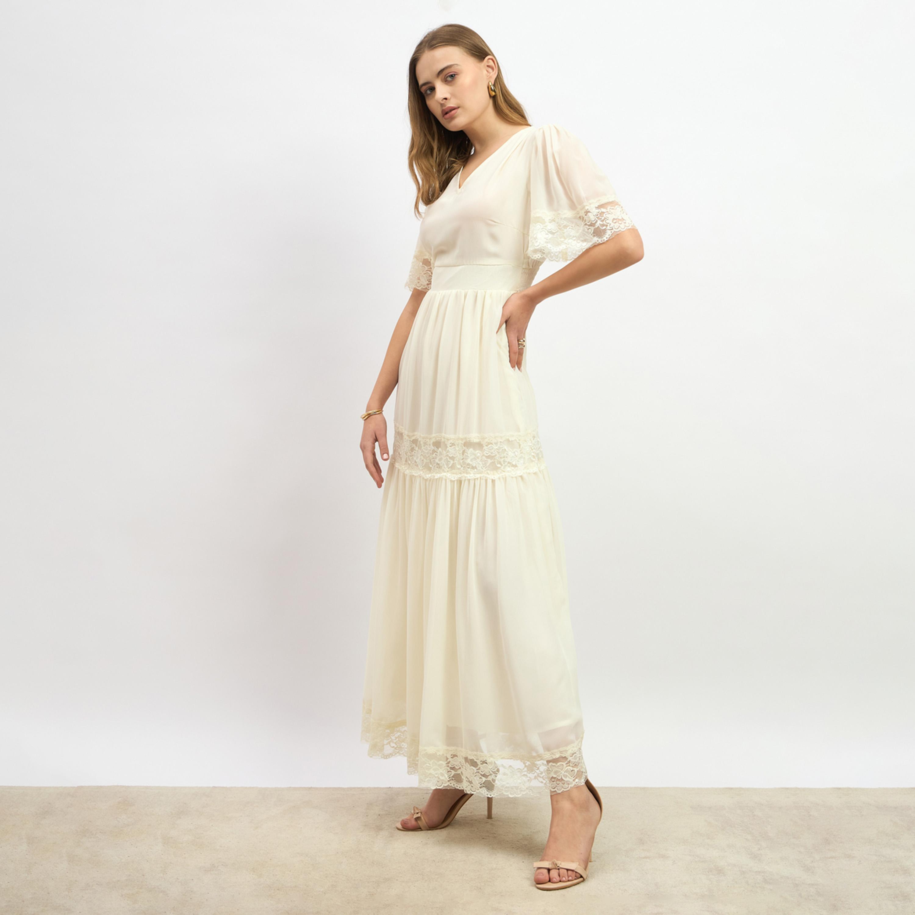 ستايلي - فستان ماكسي طبقات سادة بأكمام واسعة مع حواف من الدانتيل-women-clothing-dresses-image-3
