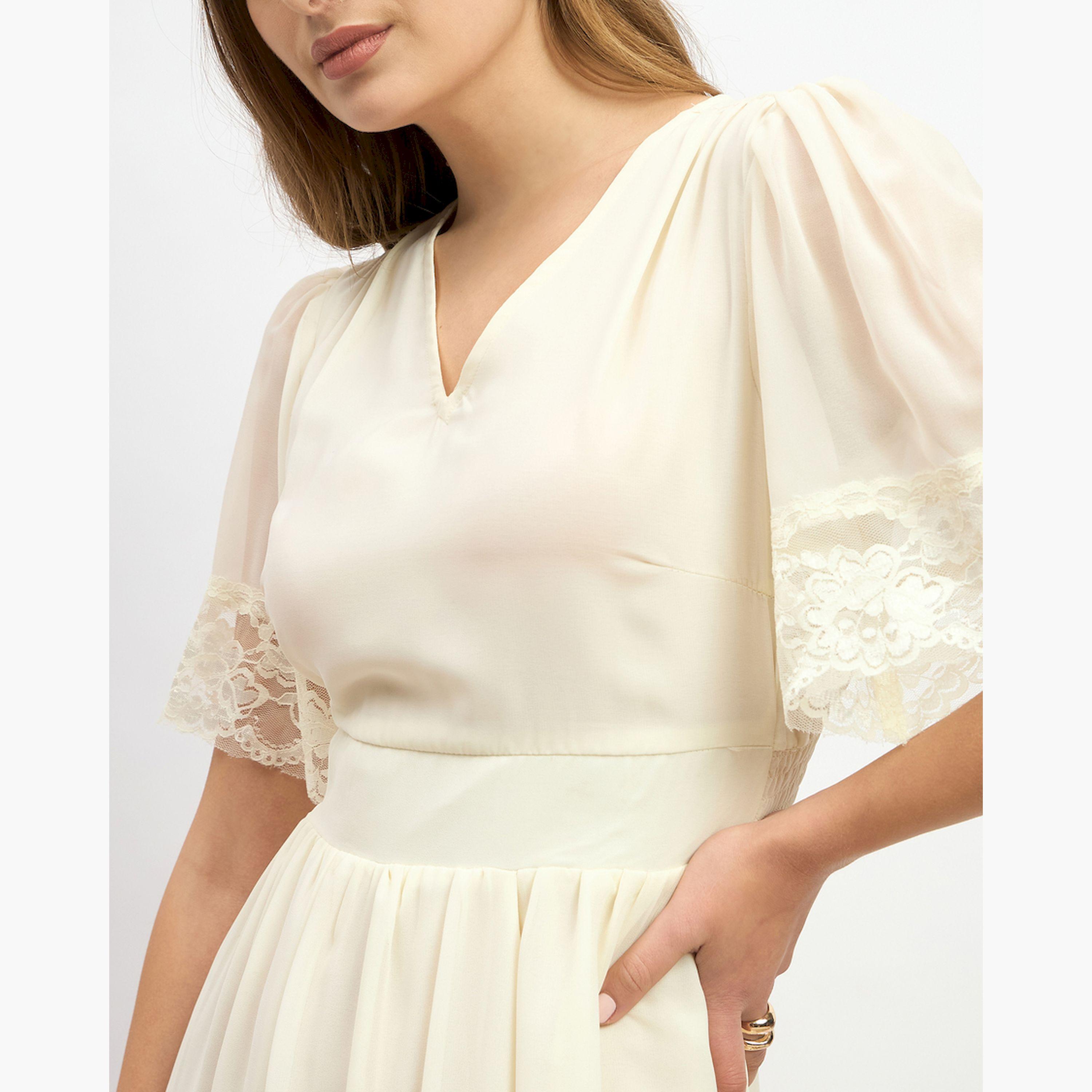 ستايلي - فستان ماكسي طبقات سادة بأكمام واسعة مع حواف من الدانتيل-women-clothing-dresses-image-4
