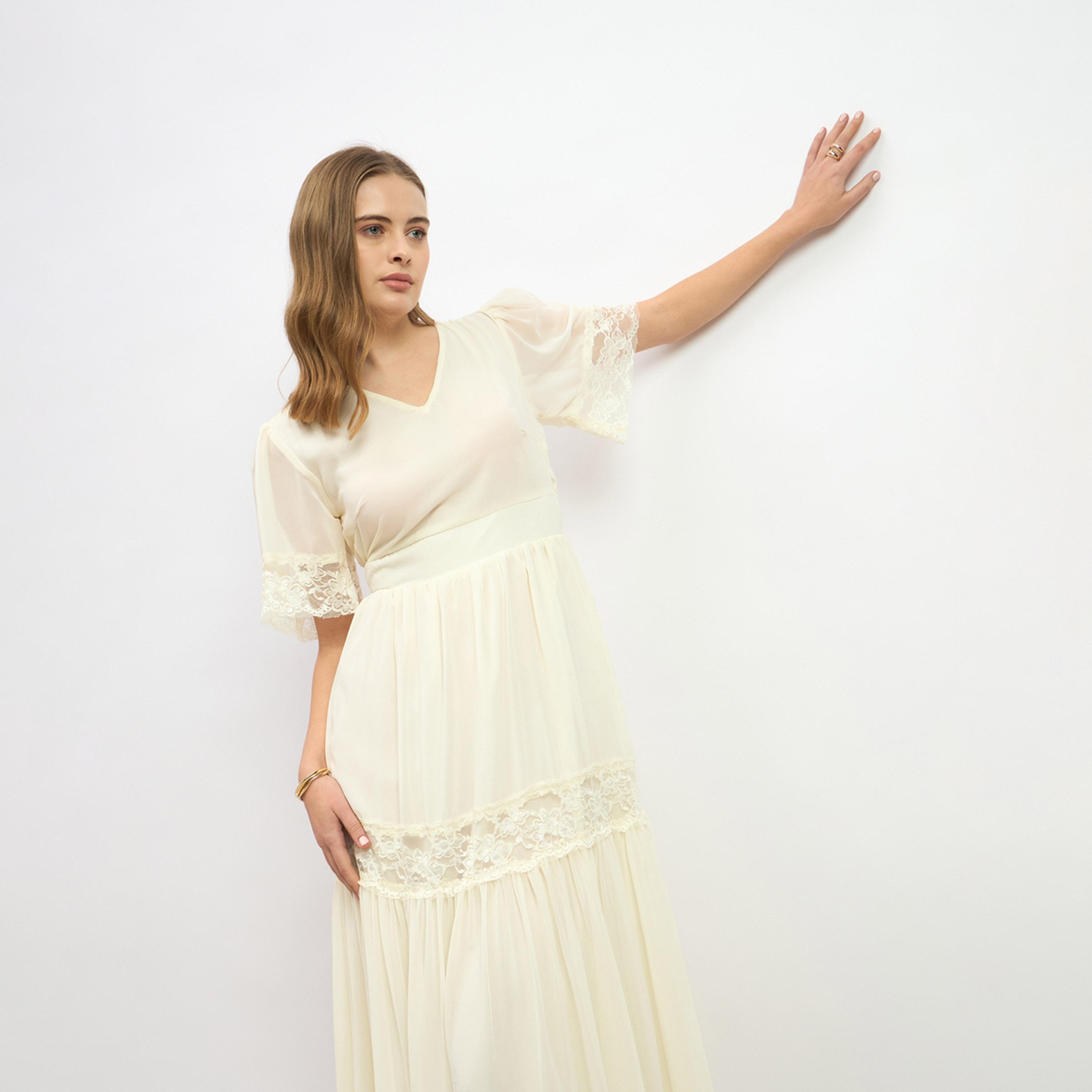 Styli Plain Flared Sleeves Tiered Maxi Dress with Lace Trim-women-clothing-dresses-image-6