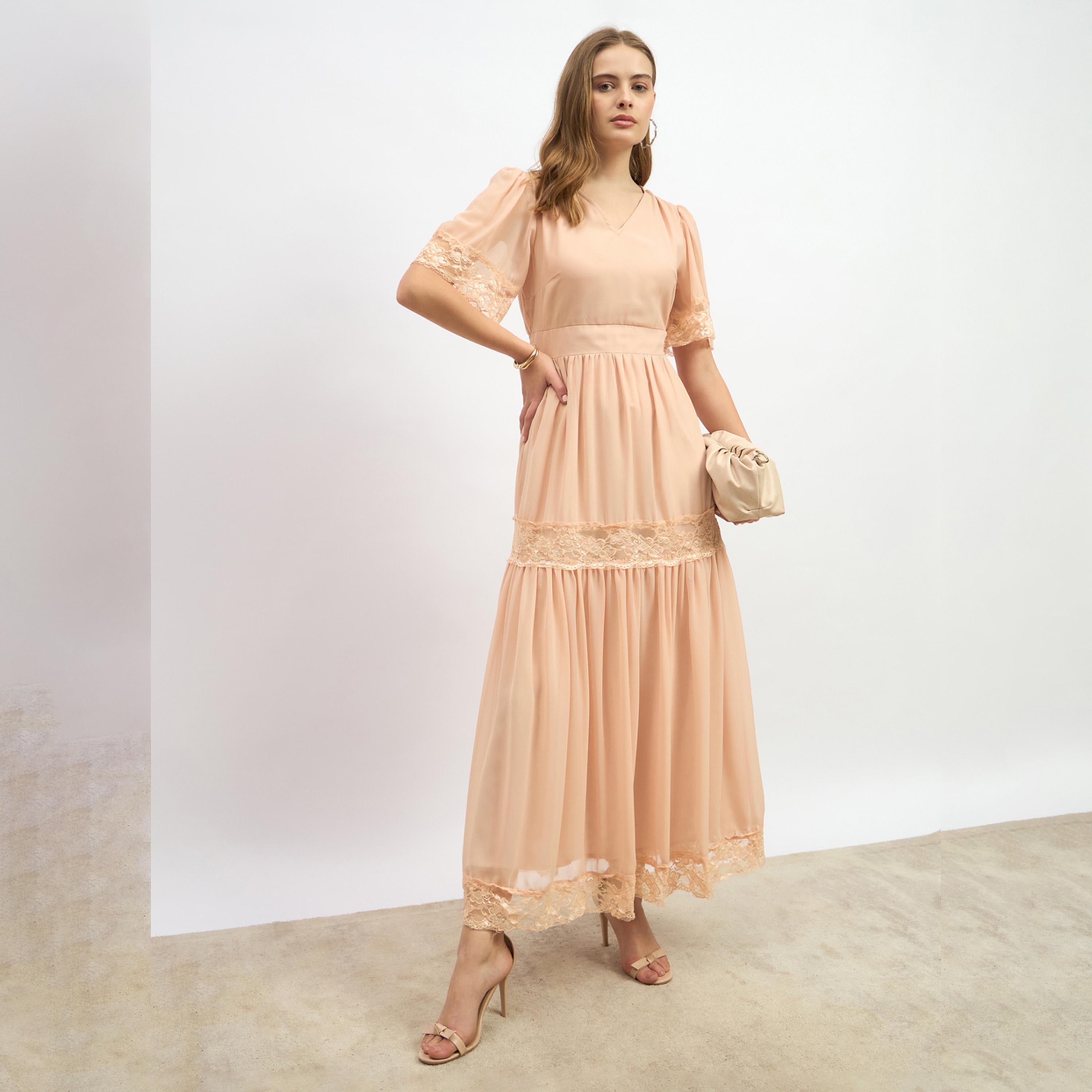 Styli Plain Flared Sleeves Tiered Maxi Dress with Lace Trim-women-clothing-dresses-image-1