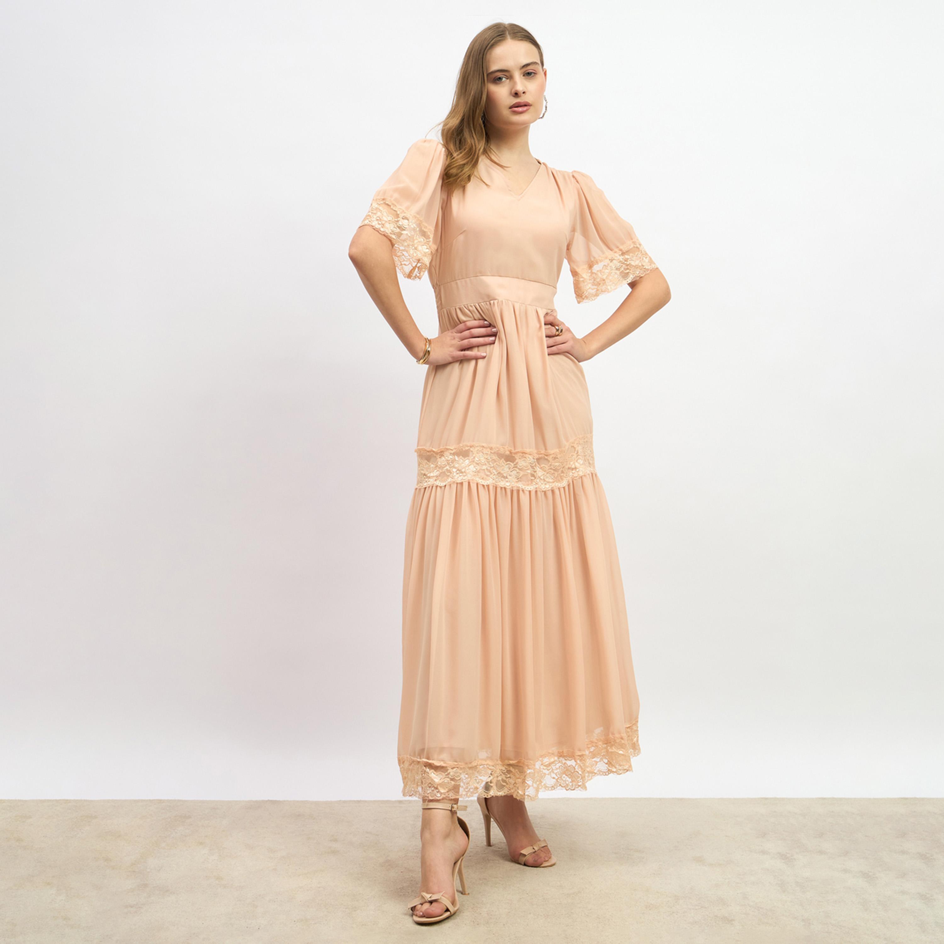 Styli Plain Flared Sleeves Tiered Maxi Dress with Lace Trim-women-clothing-dresses-image-2