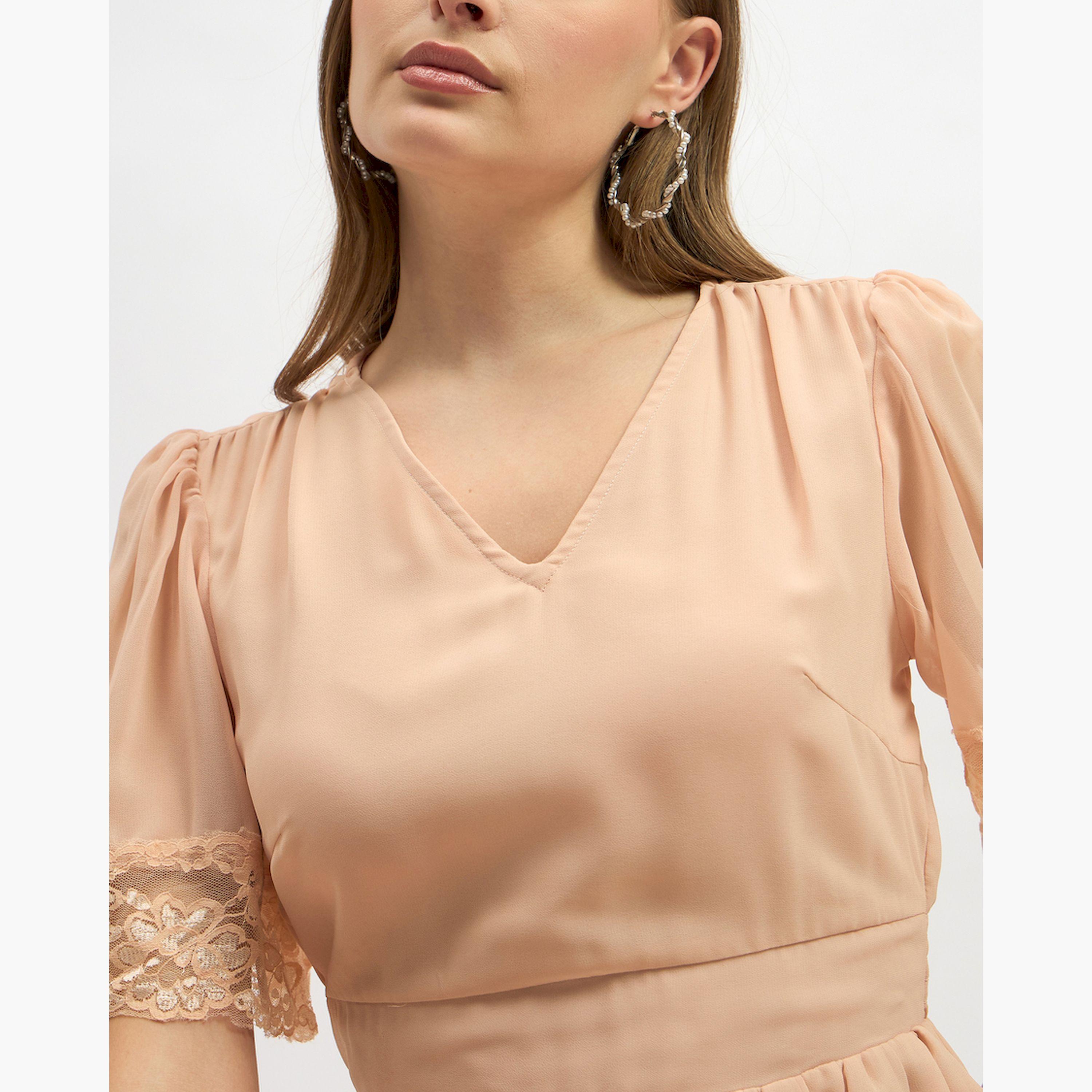 Styli Plain Flared Sleeves Tiered Maxi Dress with Lace Trim-women-clothing-dresses-image-4