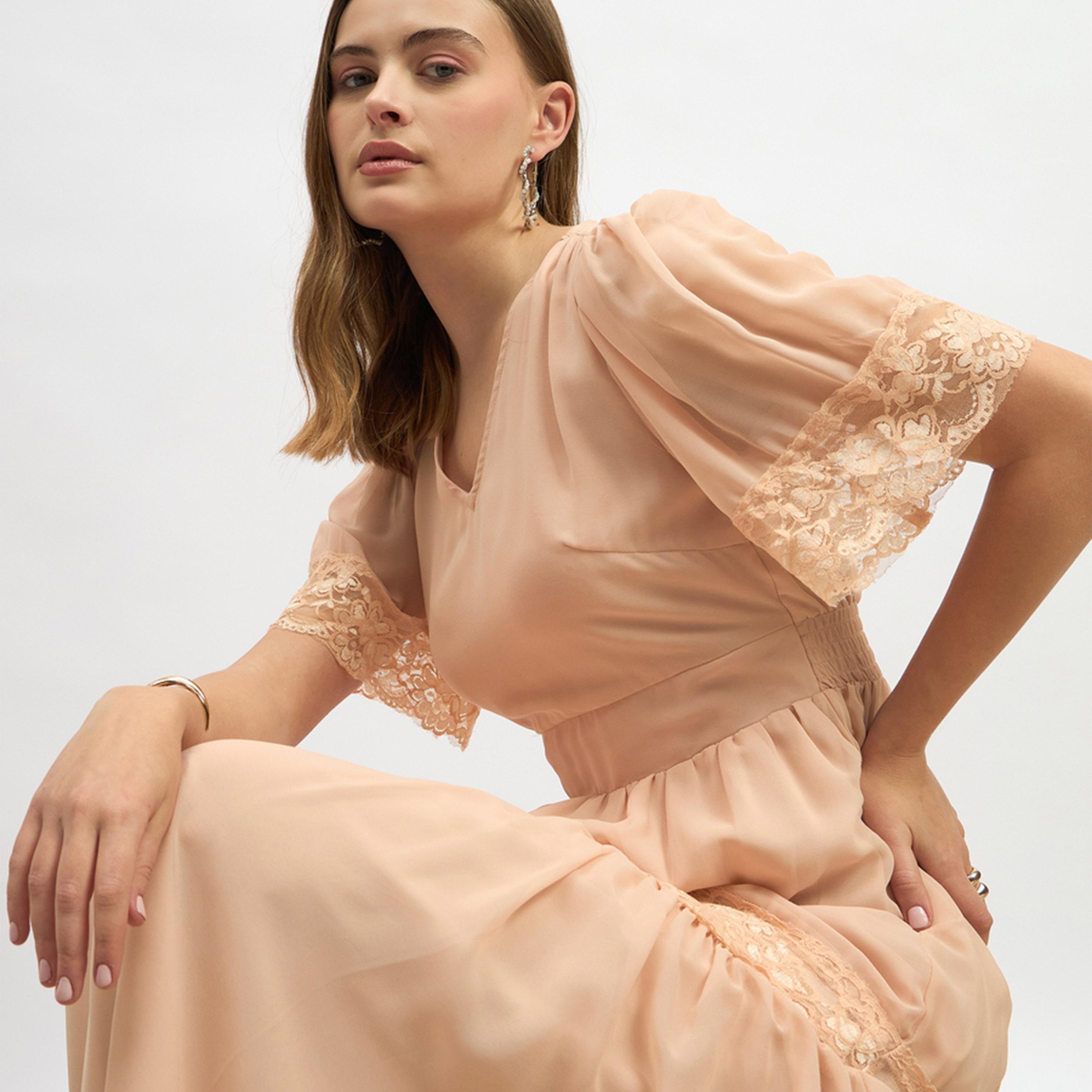 Styli Plain Flared Sleeves Tiered Maxi Dress with Lace Trim-women-clothing-dresses-image-6