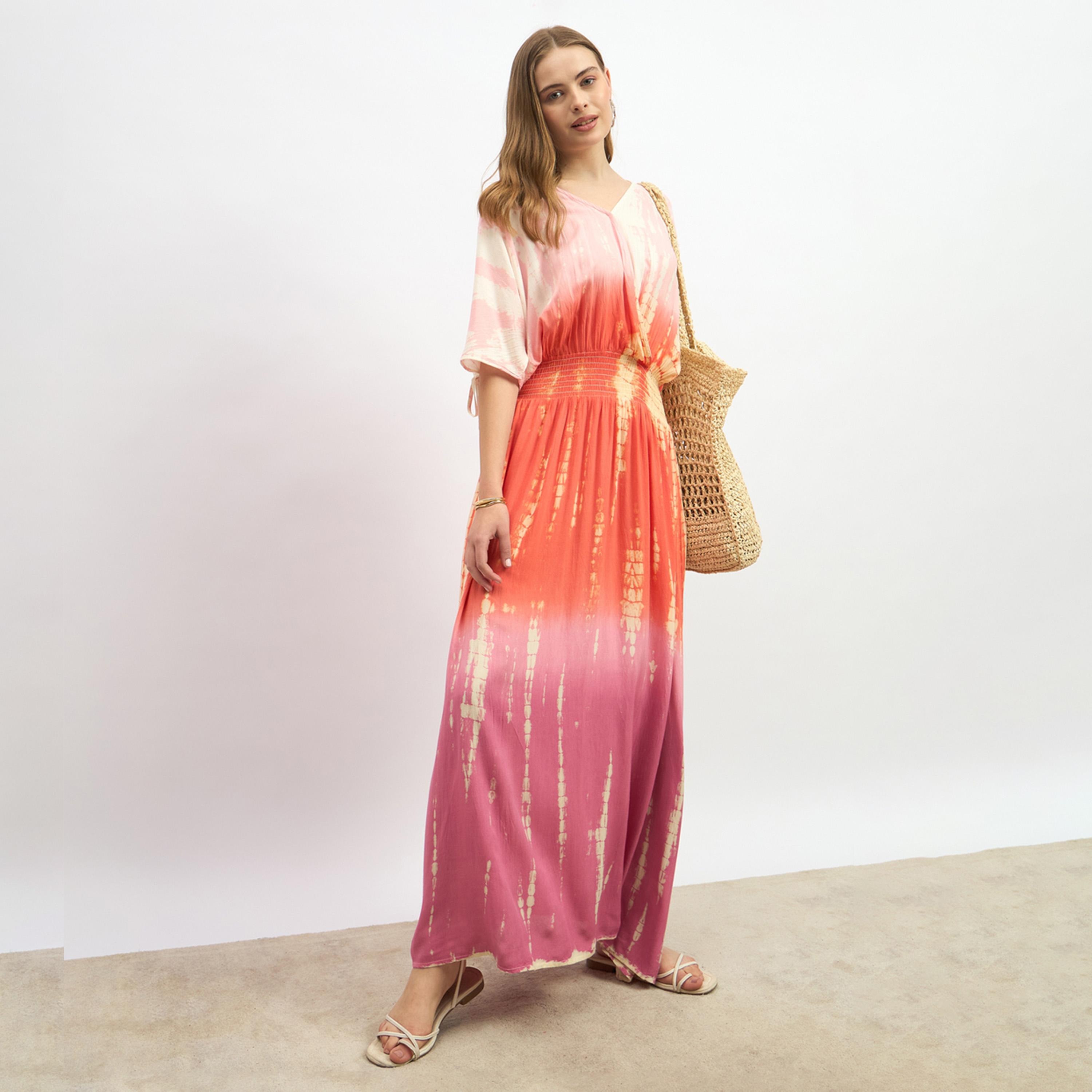 ستايلي - فستان ماكسي بقصة A وأكمام مشقوقة مطبوغ بالربط-women-clothing-dresses-image-1