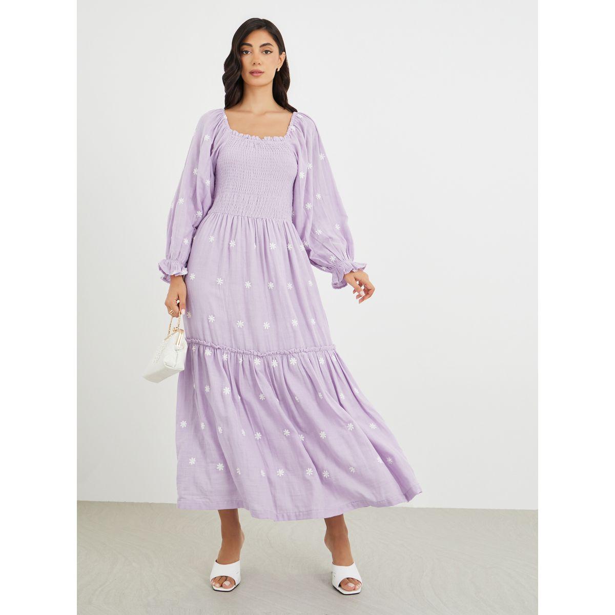 Styli Floral Embroidered Smocked A-Line Midi Dress-women-clothing-dresses-image-1