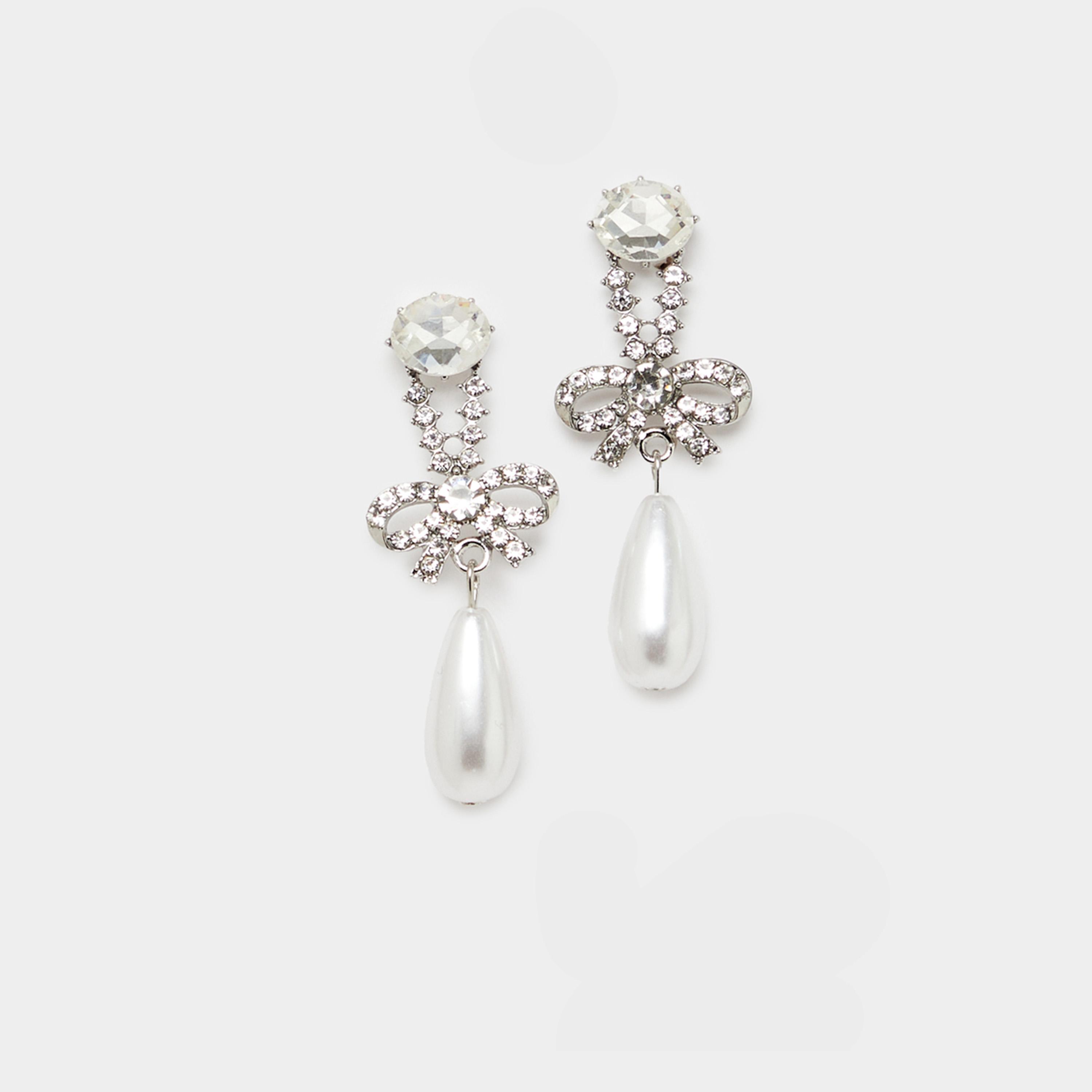 Styli Ribbon Faux Pearl Drop Earrings-women-watchesandjewellery-jewellery-earrings-image-1