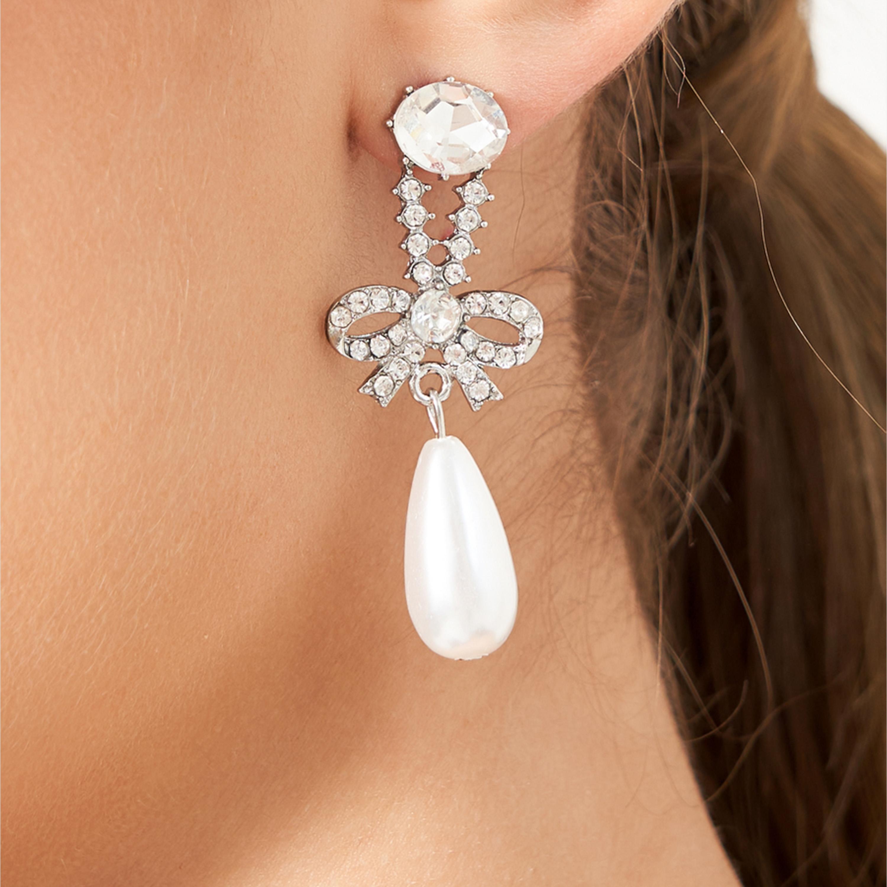 Styli Ribbon Faux Pearl Drop Earrings-women-watchesandjewellery-jewellery-earrings-image-2