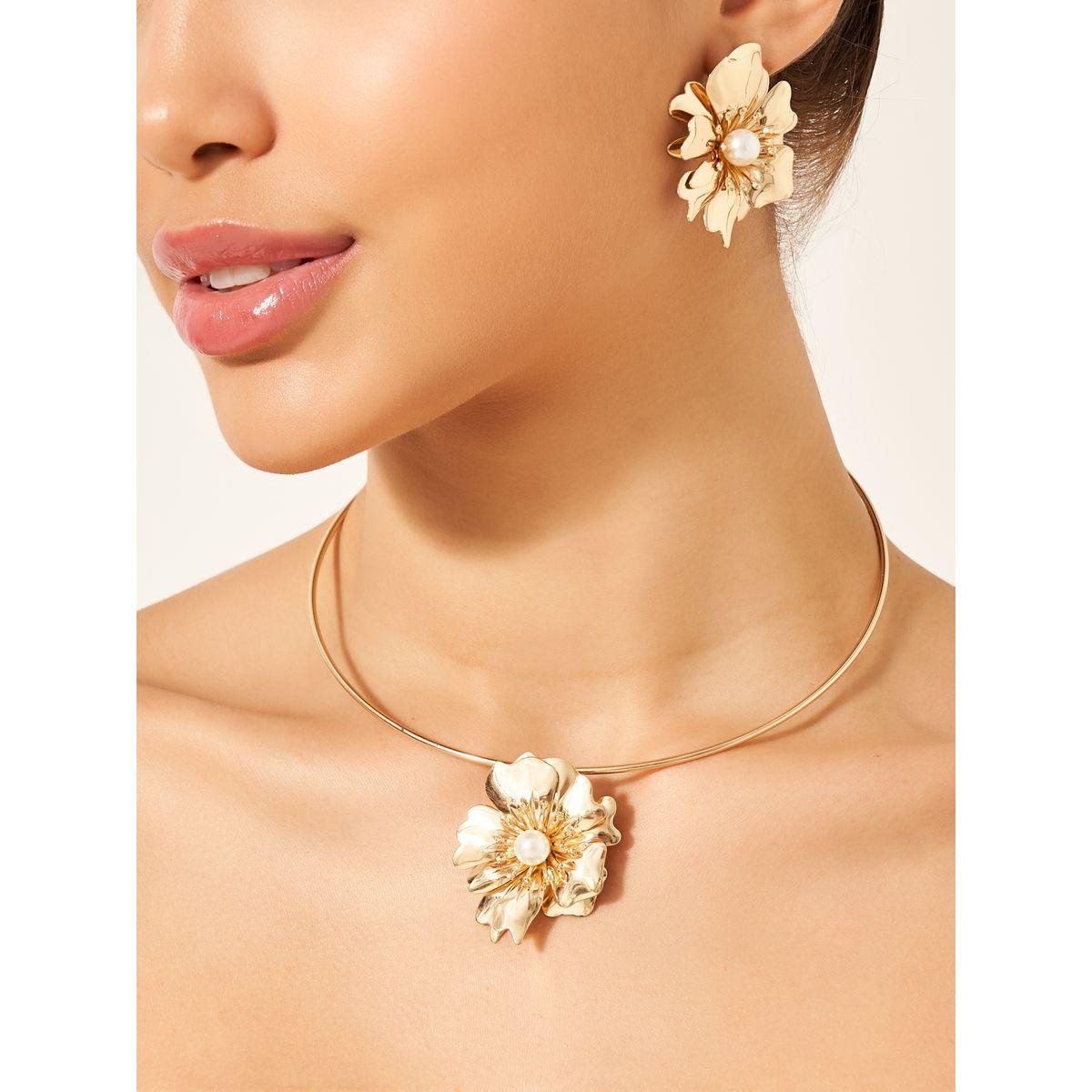 Set of 2 - Floral Accent Necklace and Earrings-women-watchesandjewellery-jewellery-jewellerysets-image-1