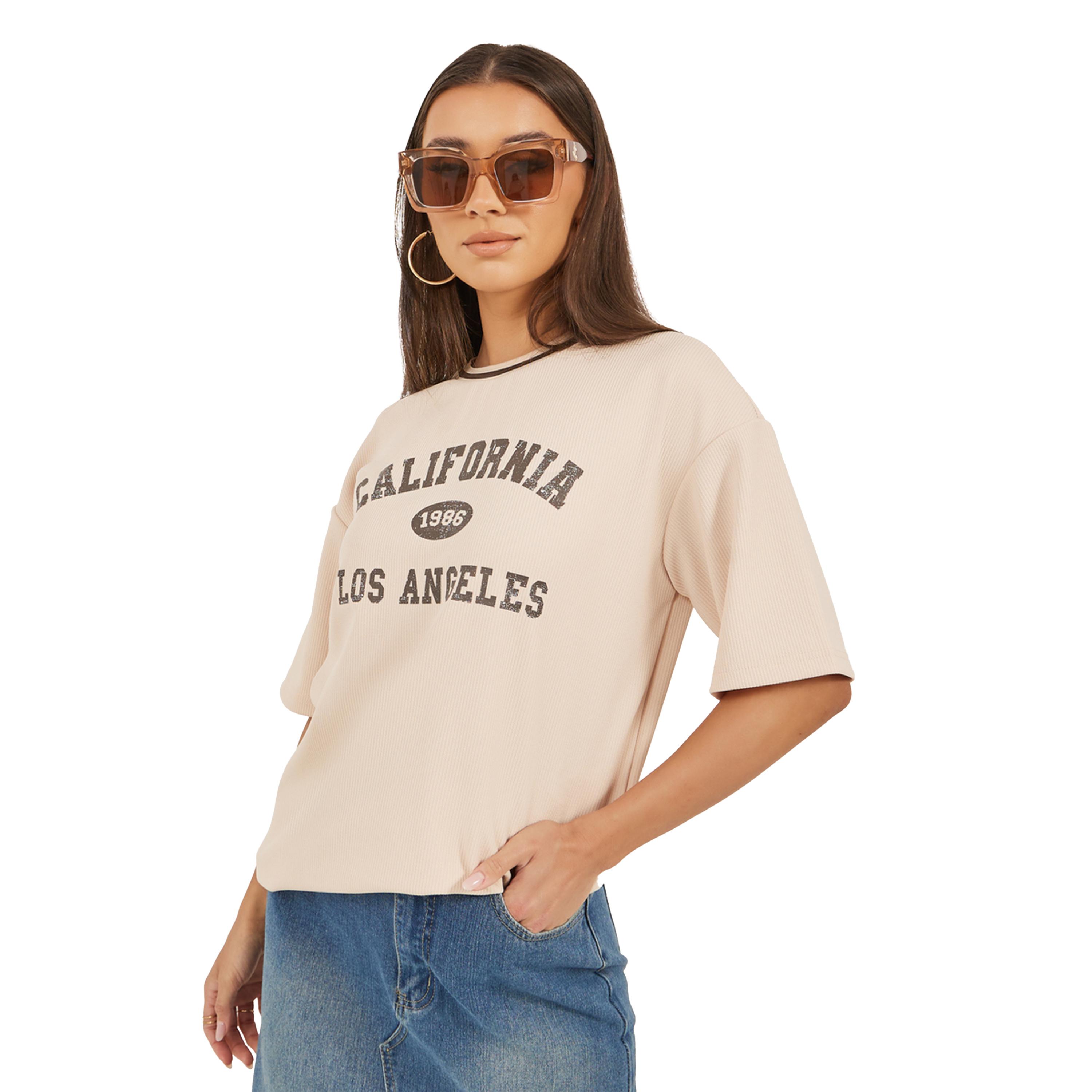 Styli Textured Slogan Print Oversized T-Shirt-women-clothing-tshirts-image-1