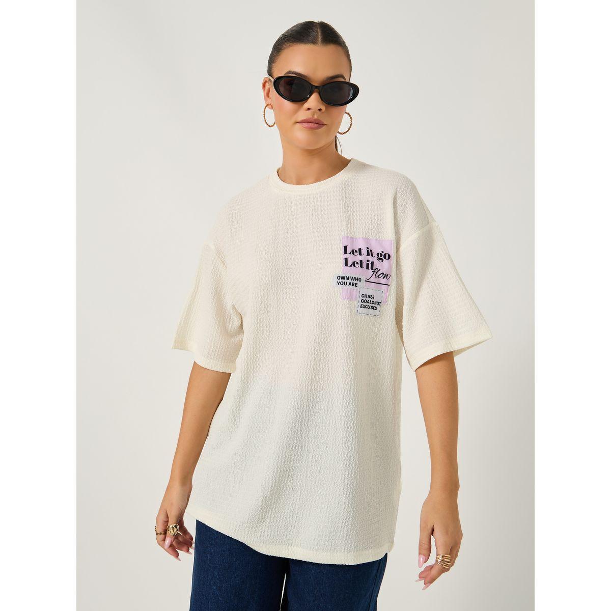 Styli Textured Oversized T-Shirtâ€‹ with Printed Patchwork Detail-women-clothing-tshirts-image-2