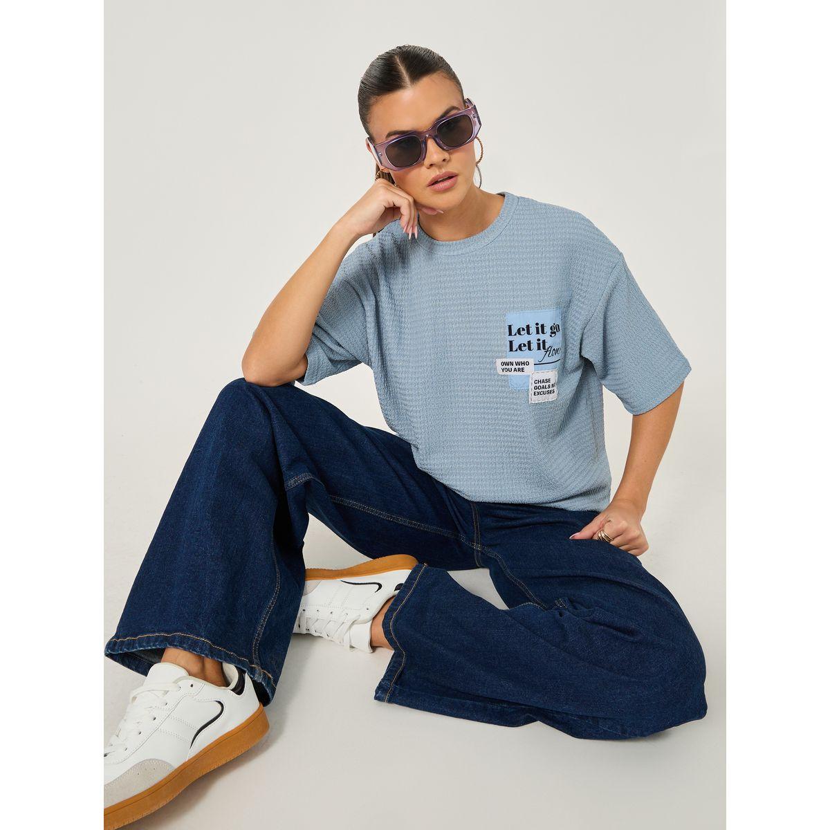 Styli Textured Oversized T-Shirtâ€‹ with Printed Patchwork Detail-women-clothing-tshirts-image-1