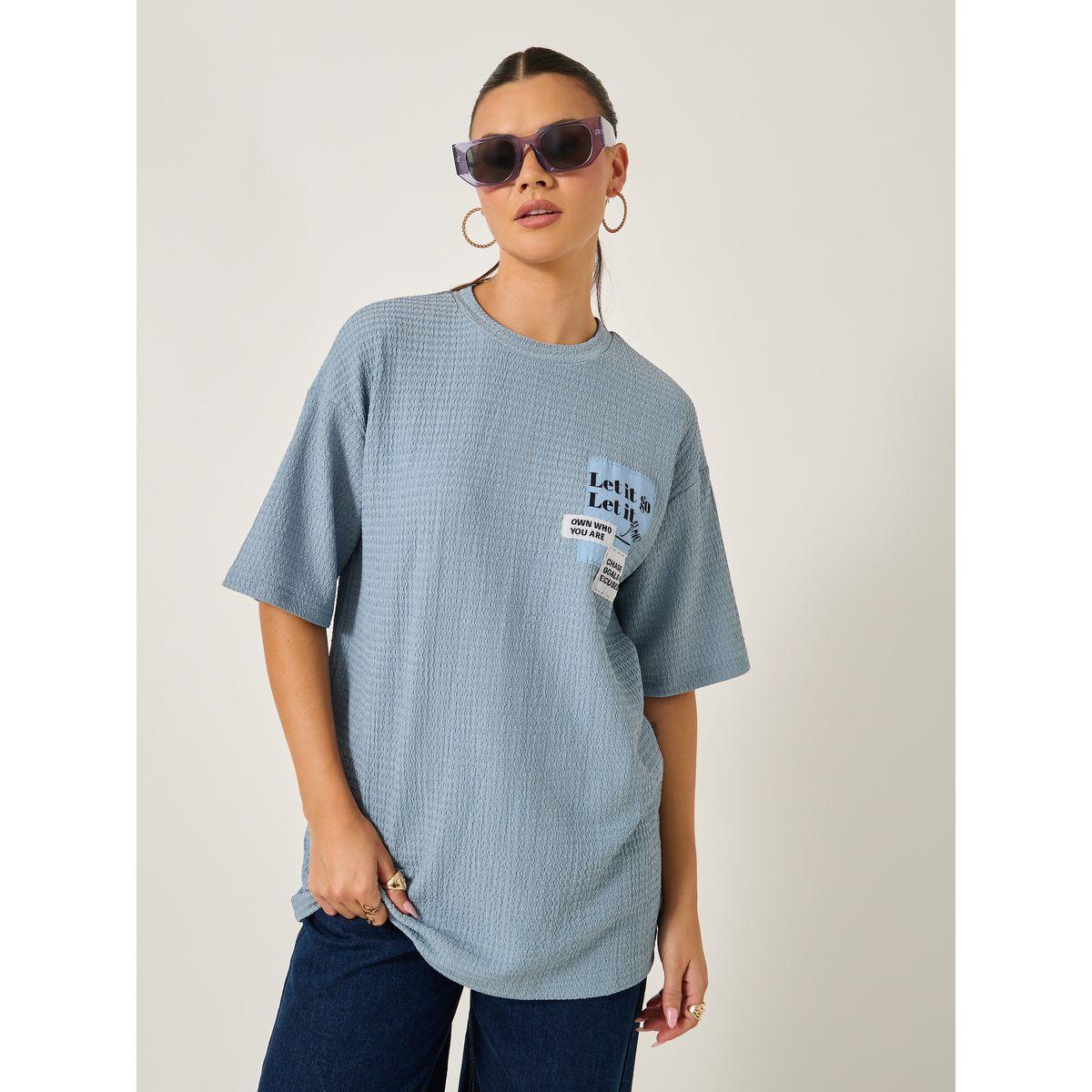 Styli Textured Oversized T-Shirtâ€‹ with Printed Patchwork Detail-women-clothing-tshirts-image-2