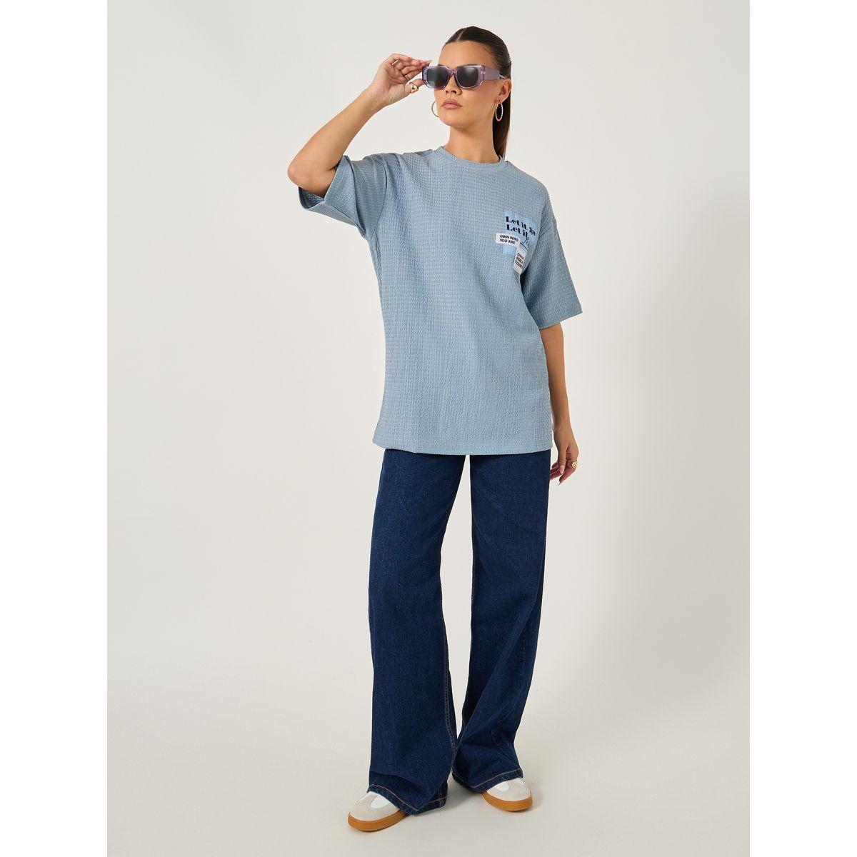 Styli Textured Oversized T-Shirtâ€‹ with Printed Patchwork Detail-women-clothing-tshirts-image-3