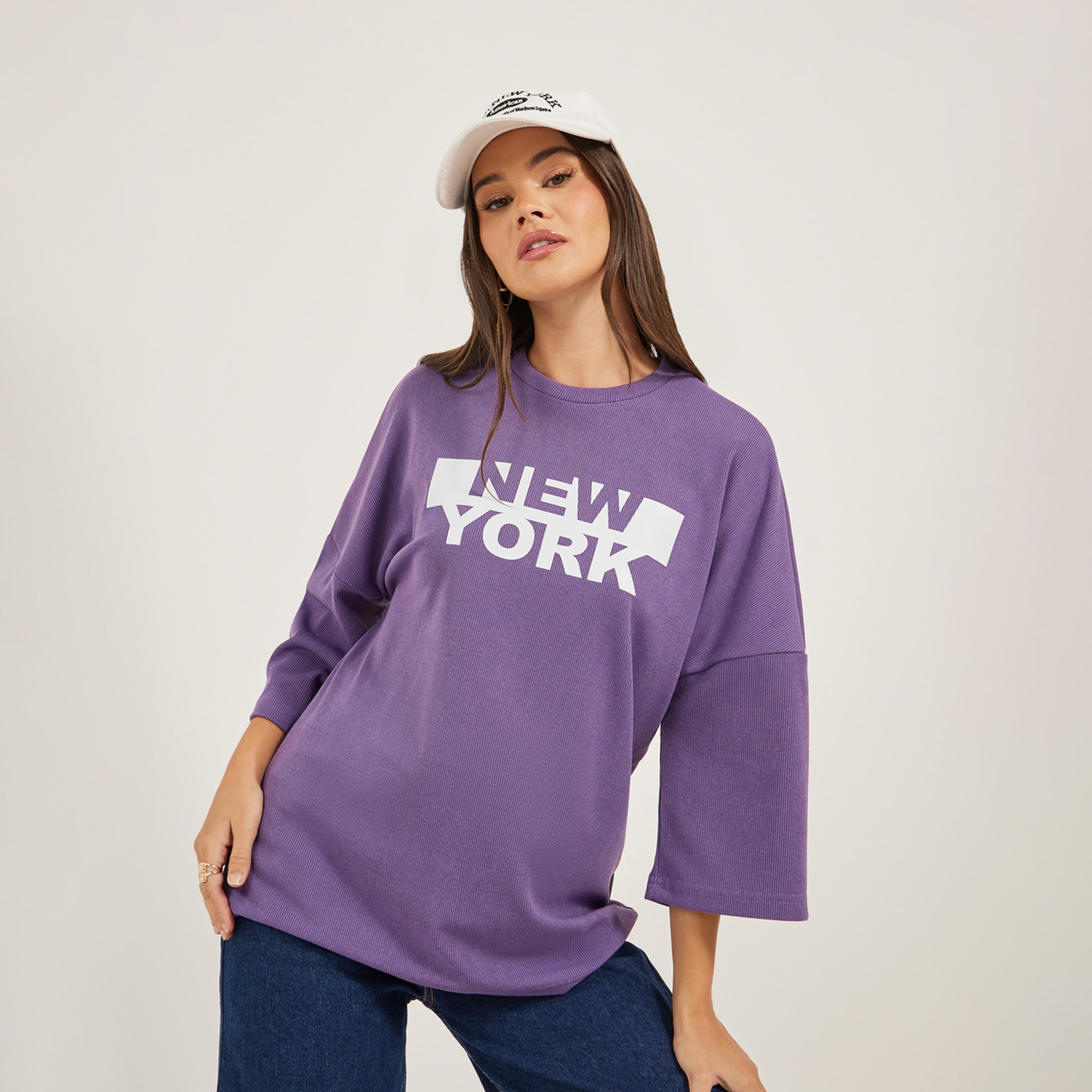 Styli Textured Slogan Print Dropped Shoulder Oversized T-Shirt-women-clothing-tshirts-image-1