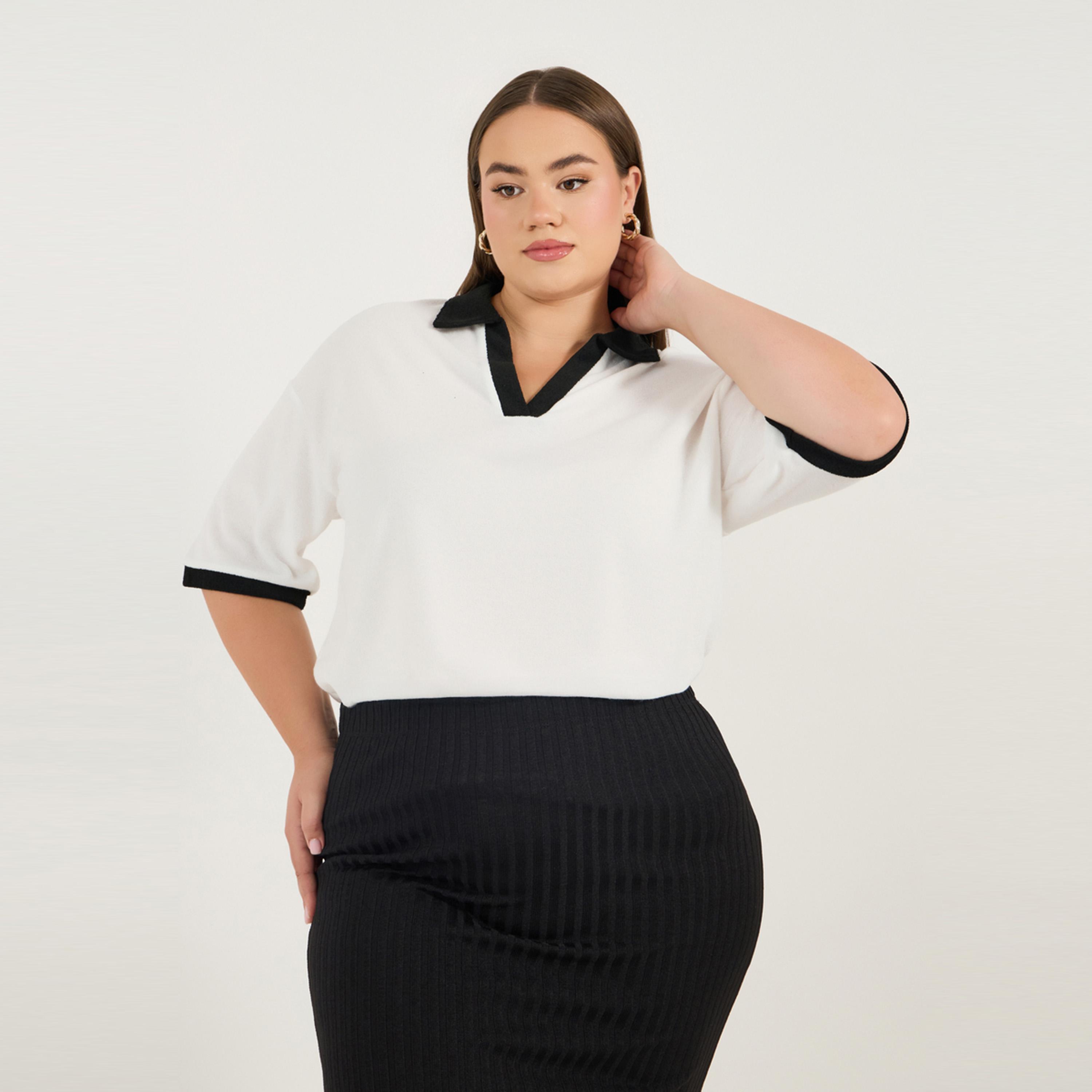ستايلي - تي شيرت بولو بقصّة مربعة وحواف متباينة ومقاس كبير-women-clothing-nightwear-pyjamas-tops-image-1