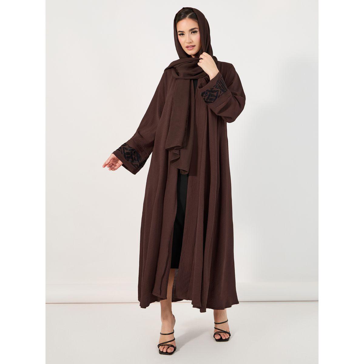 Styli Embroidered Cuff Detail Crepe Abaya with Matching Hijab-women-clothingaccessories-scarves-image-1