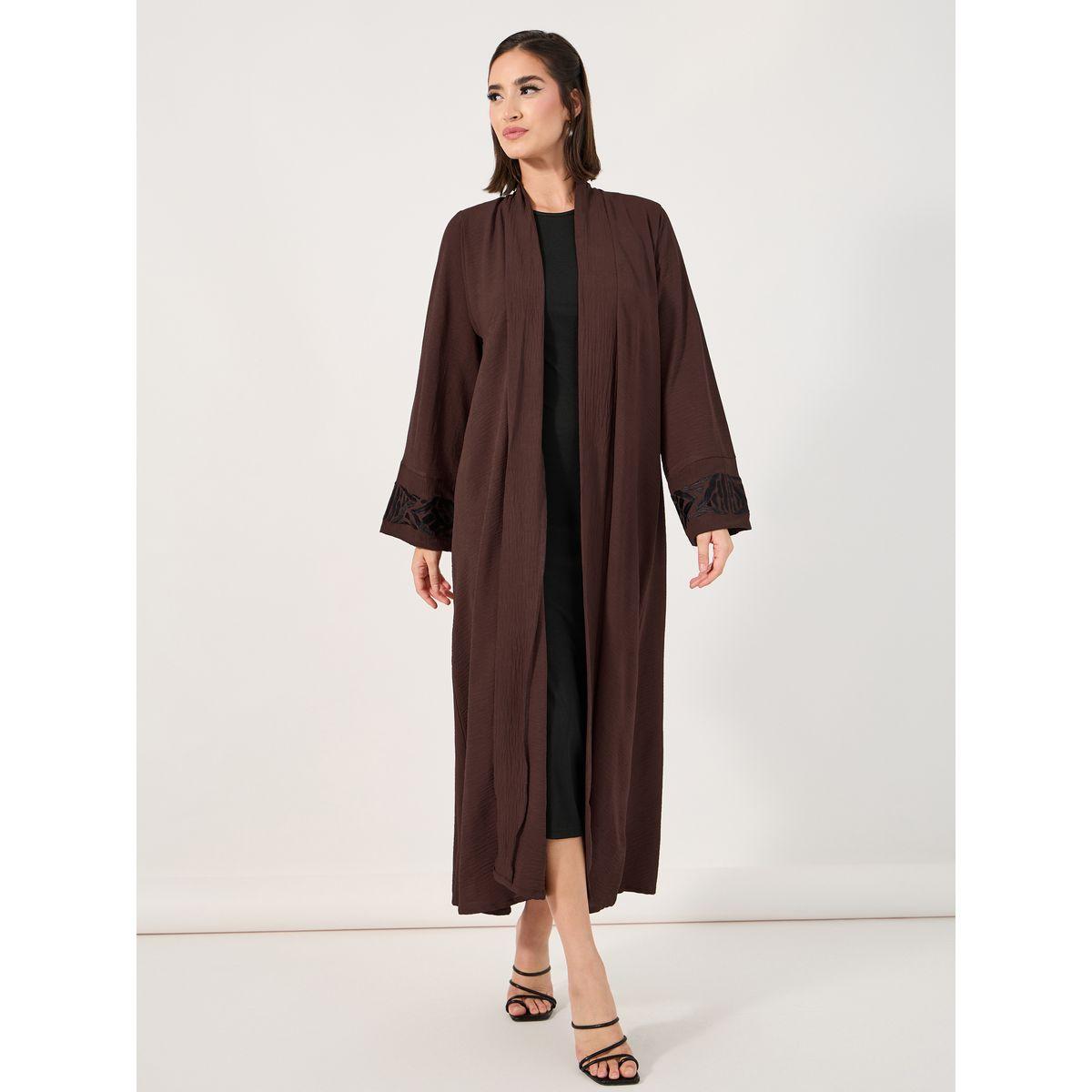 Styli Embroidered Cuff Detail Crepe Abaya with Matching Hijab-women-clothingaccessories-scarves-image-2