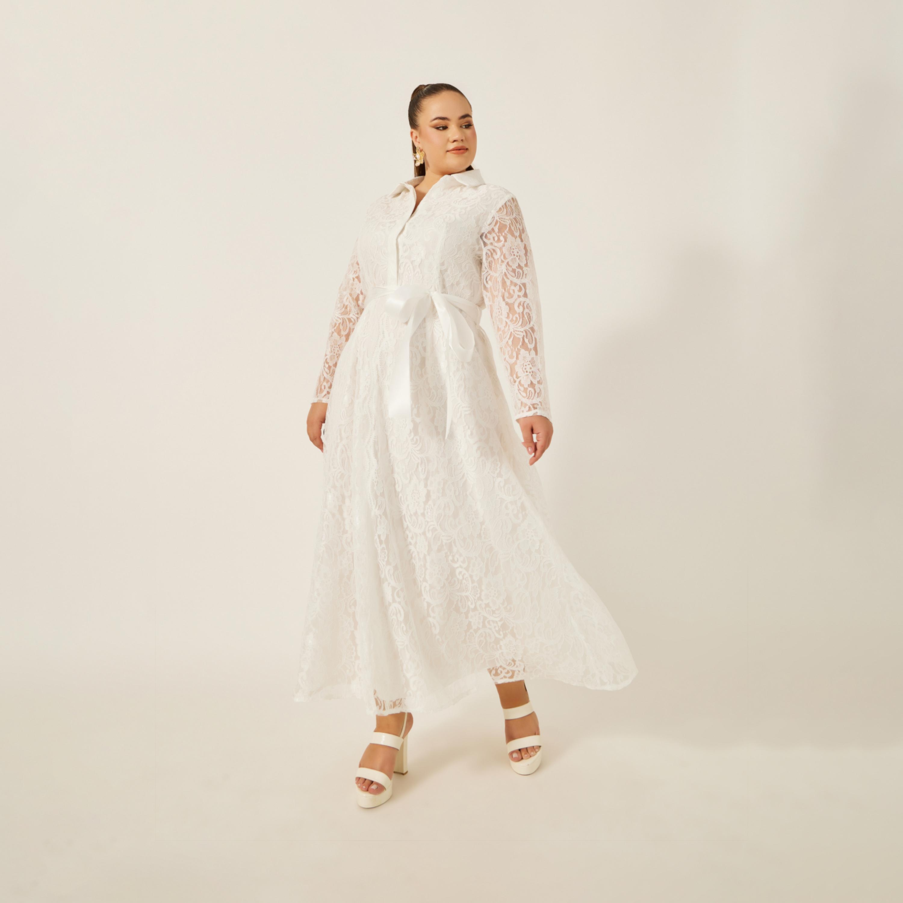 ستايلي - فستان ماكسي بقصة A مع ياقة ودانتيل بمقاس كبير-women-clothing-dresses-image-1