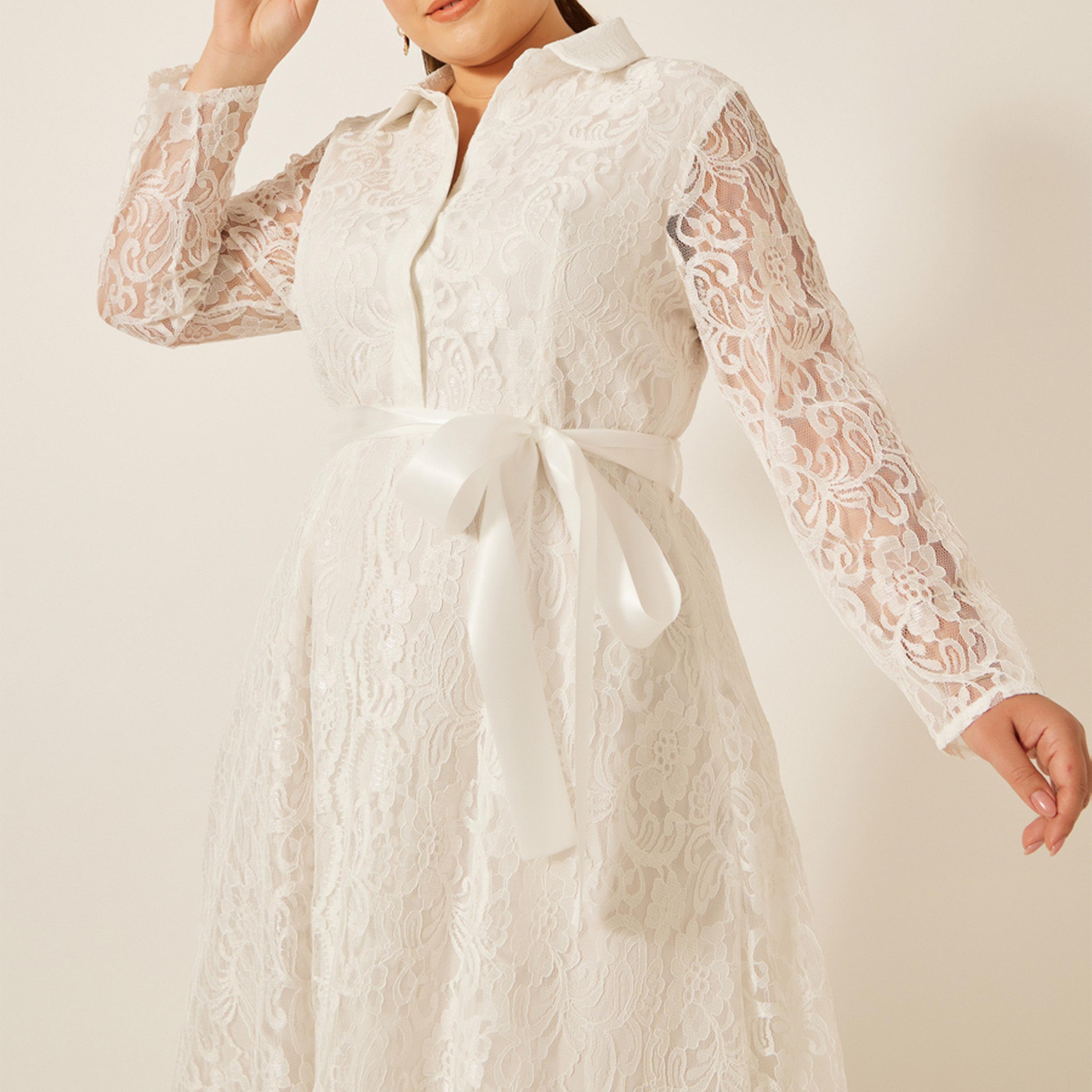 ستايلي - فستان ماكسي بقصة A مع ياقة ودانتيل بمقاس كبير-women-clothing-dresses-image-2