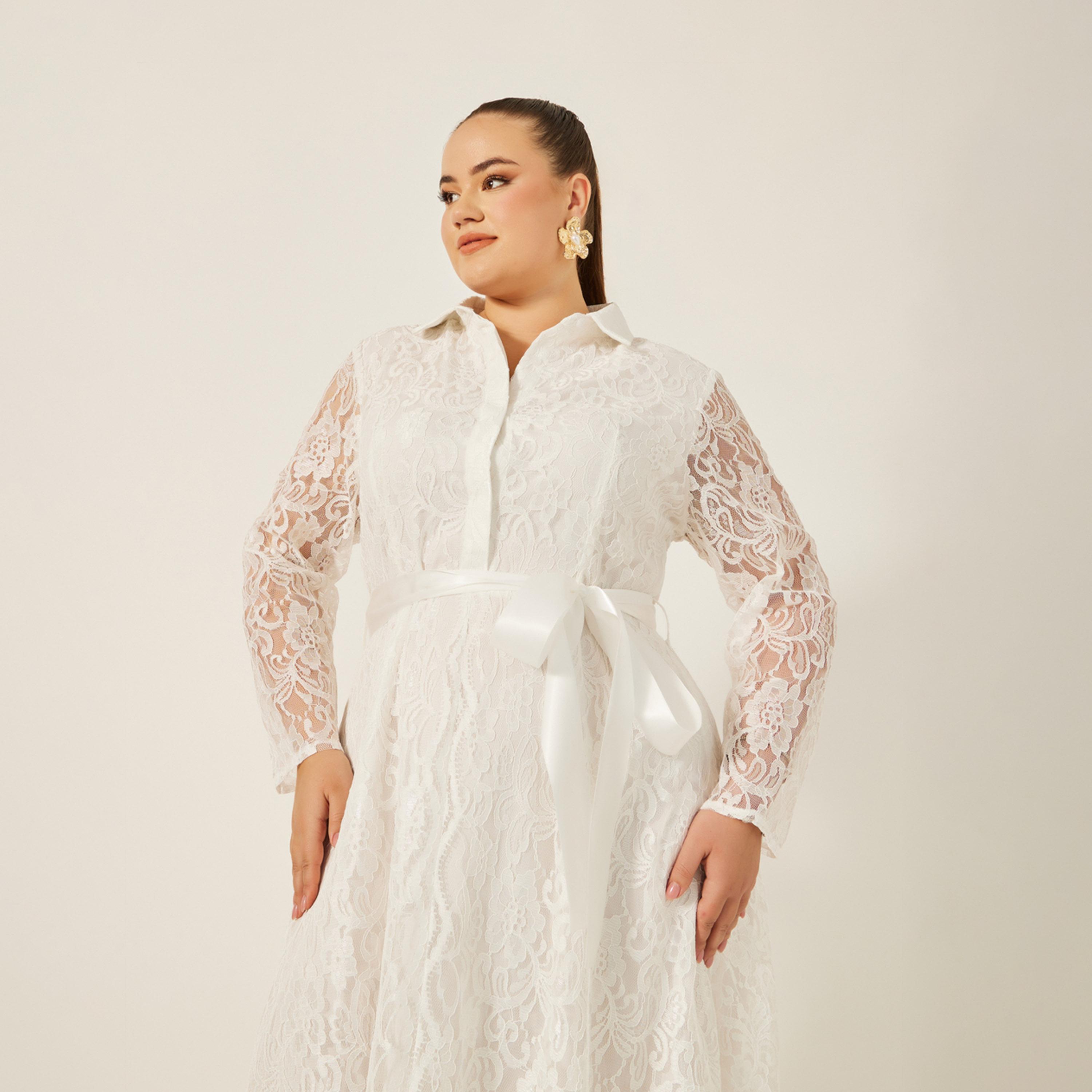 ستايلي - فستان ماكسي بقصة A مع ياقة ودانتيل بمقاس كبير-women-clothing-dresses-image-3