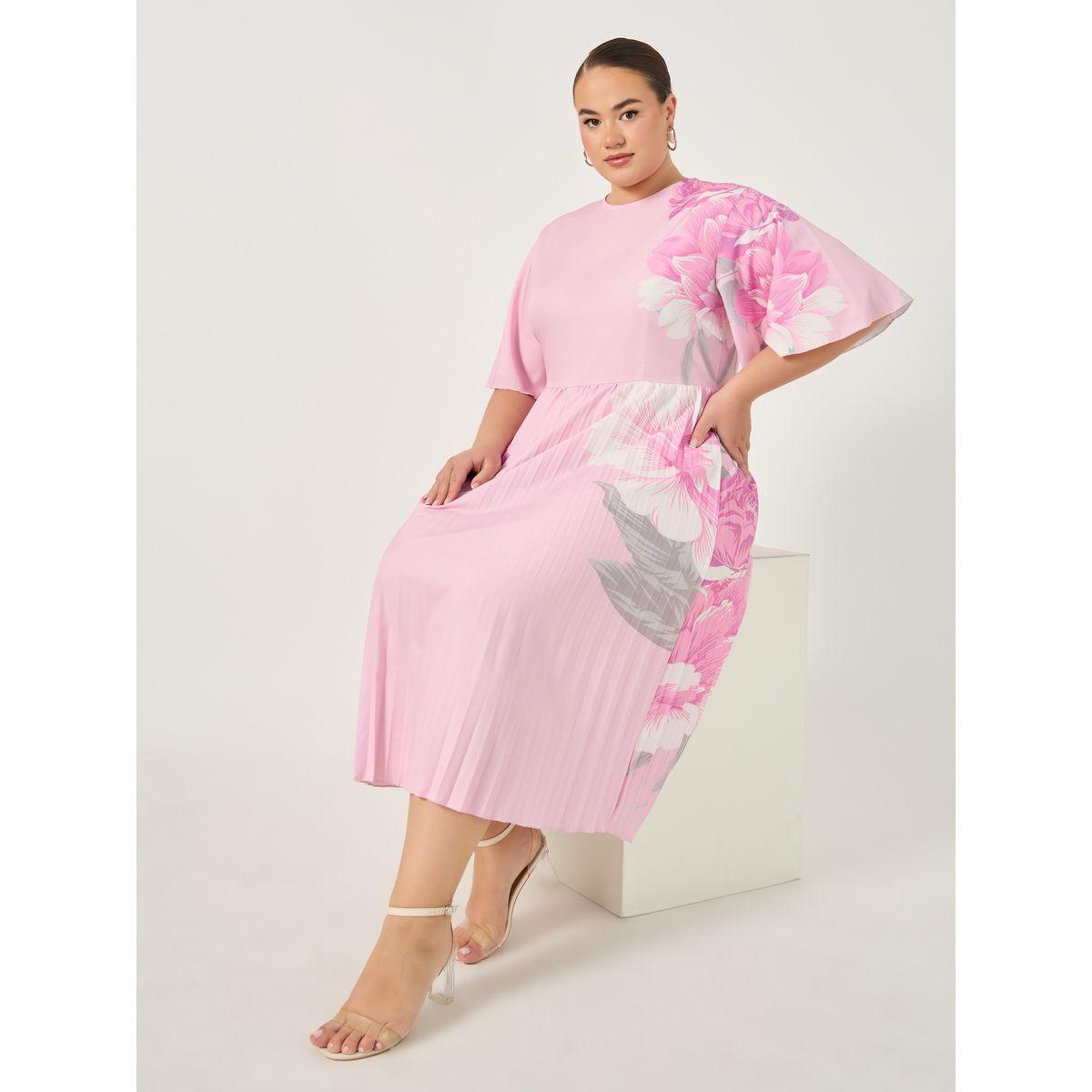 فستان ميدي بمقاس كبير بطبعة زهور مزين بكسرات-women-clothing-dresses-image-1