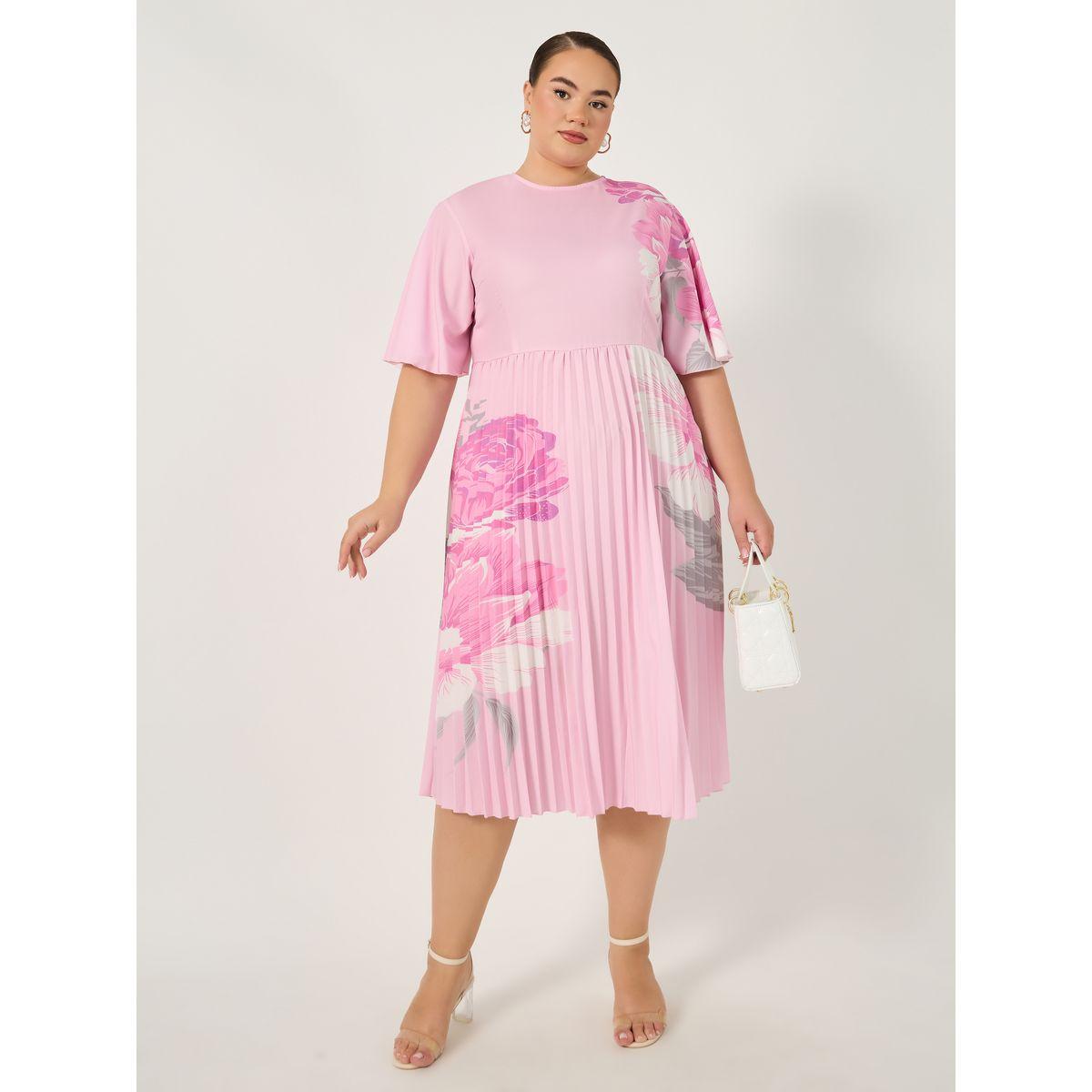 فستان ميدي بمقاس كبير بطبعة زهور مزين بكسرات-women-clothing-dresses-image-2