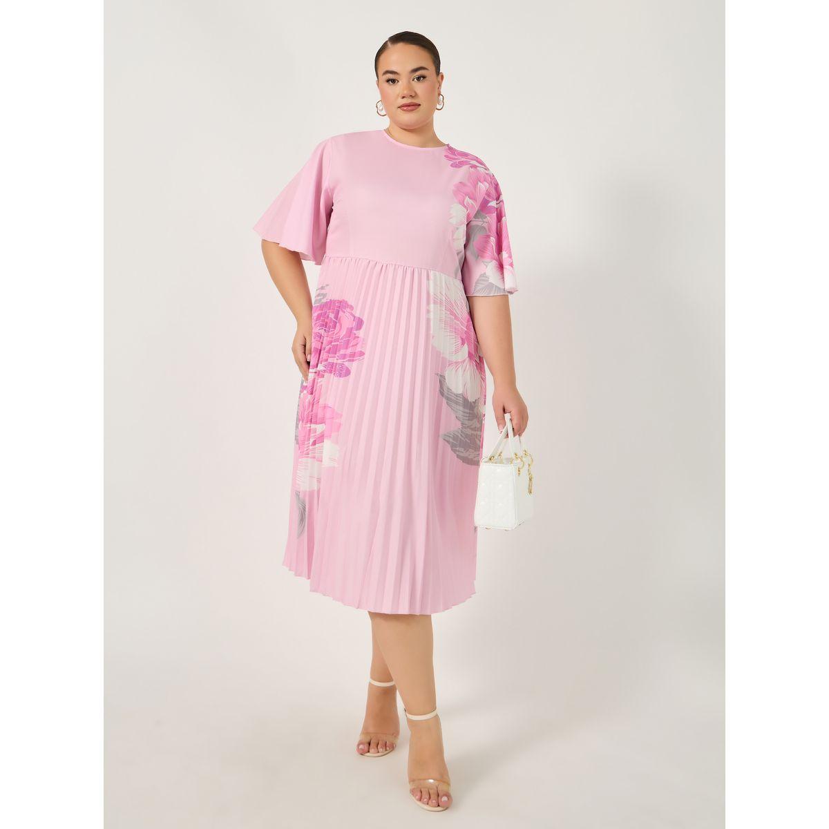 فستان ميدي بمقاس كبير بطبعة زهور مزين بكسرات-women-clothing-dresses-image-3