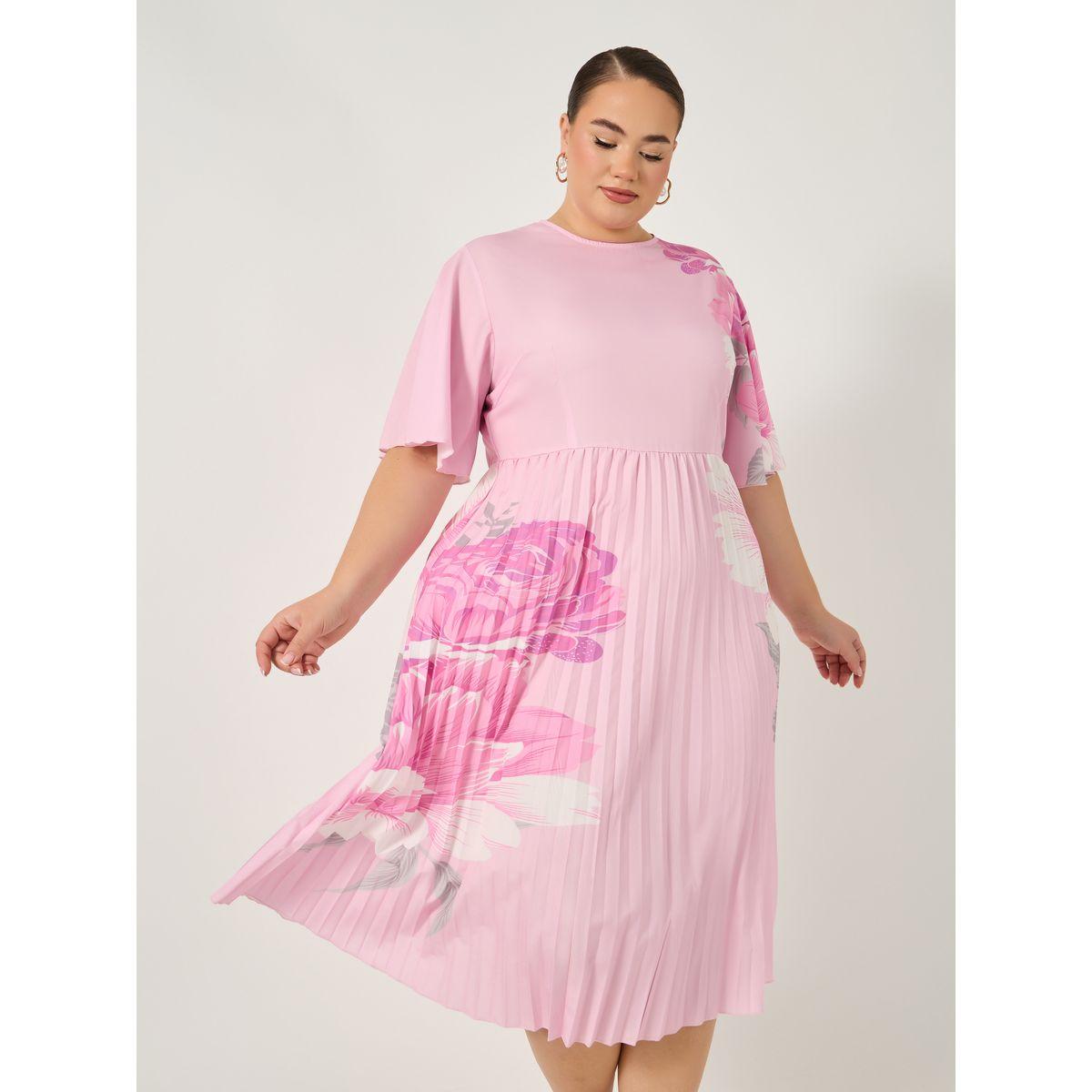 فستان ميدي بمقاس كبير بطبعة زهور مزين بكسرات-women-clothing-dresses-image-4