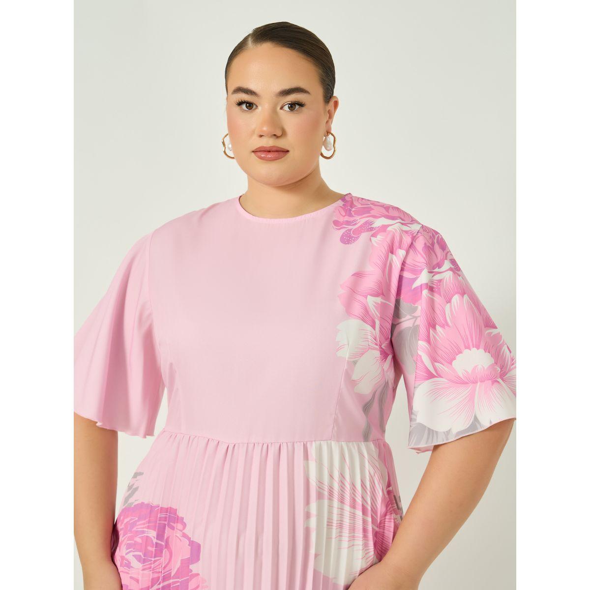فستان ميدي بمقاس كبير بطبعة زهور مزين بكسرات-women-clothing-dresses-image-5