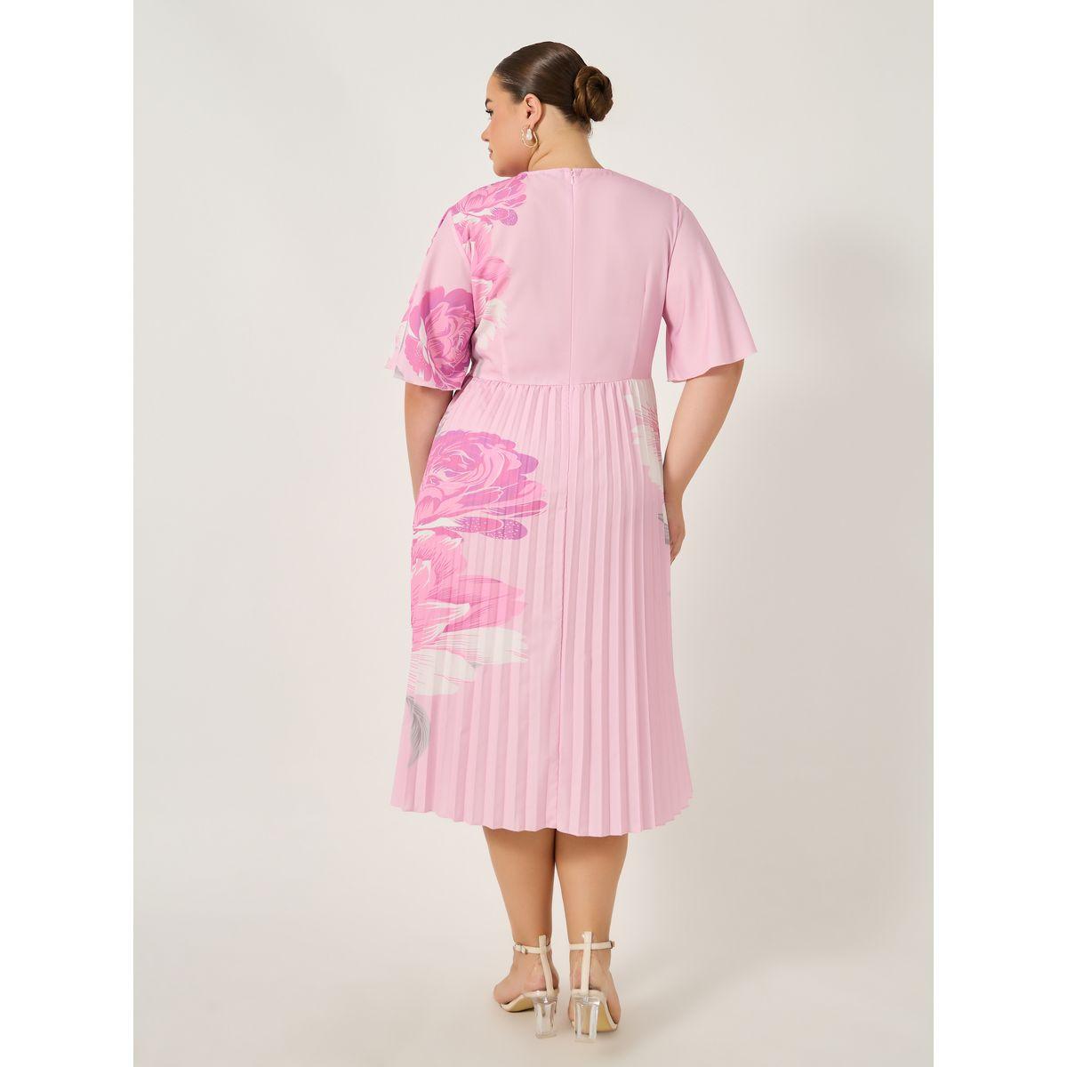 فستان ميدي بمقاس كبير بطبعة زهور مزين بكسرات-women-clothing-dresses-image-7