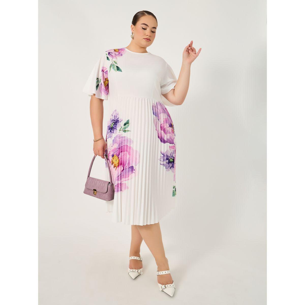فستان ميدي بمقاس كبير بطبعة زهور مزين بكسرات-women-clothing-dresses-image-1