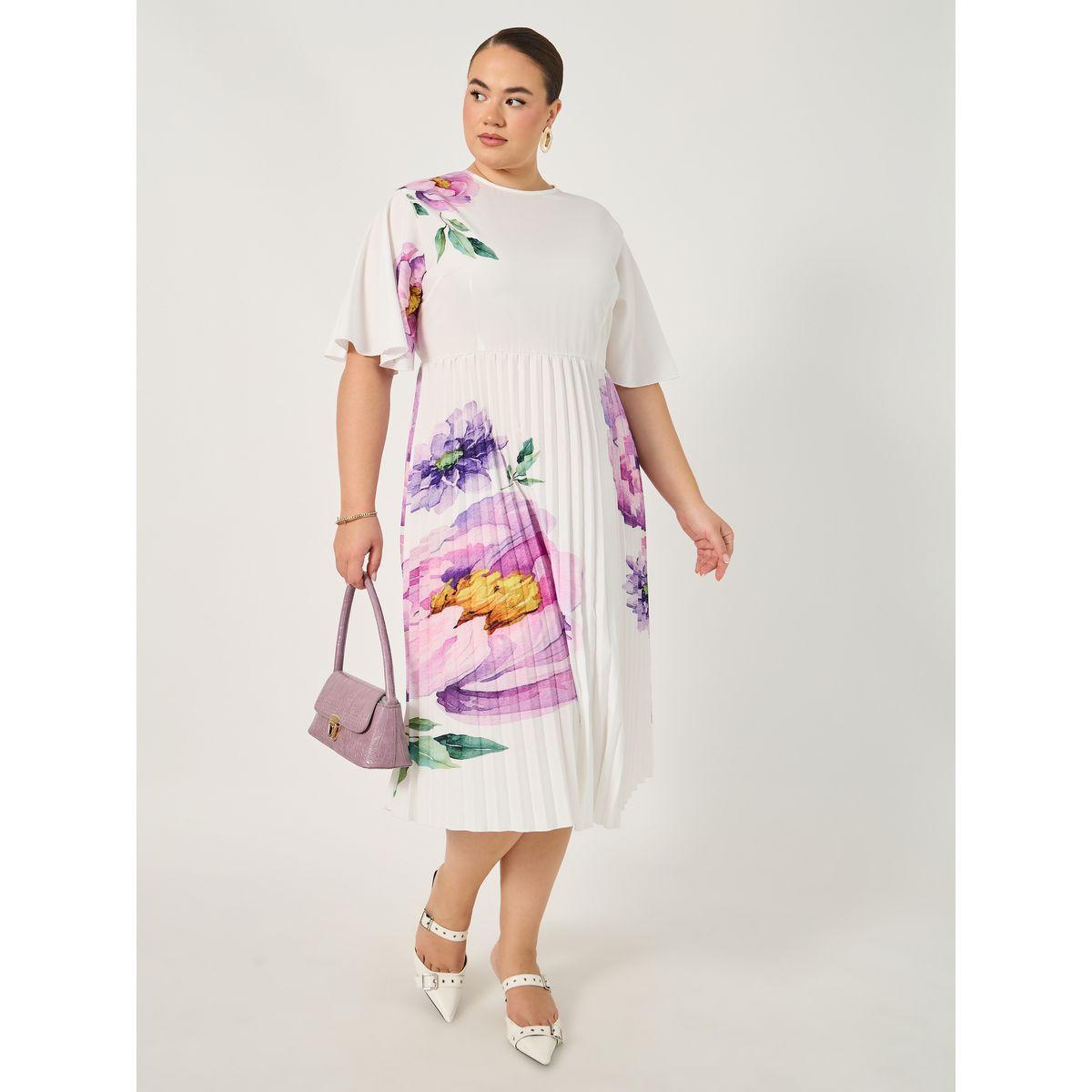 فستان ميدي بمقاس كبير بطبعة زهور مزين بكسرات-women-clothing-dresses-image-2