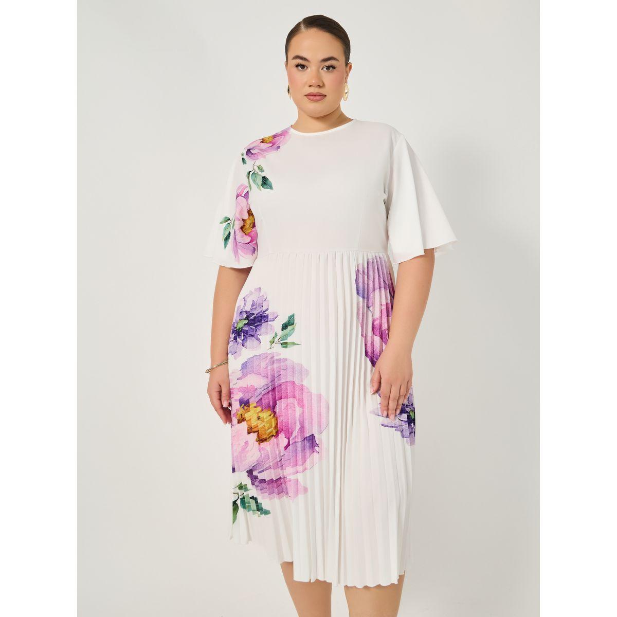 فستان ميدي بمقاس كبير بطبعة زهور مزين بكسرات-women-clothing-dresses-image-3