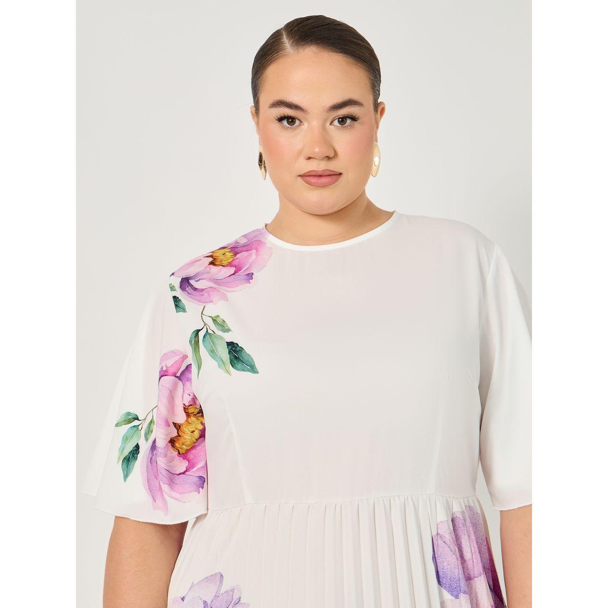 فستان ميدي بمقاس كبير بطبعة زهور مزين بكسرات-women-clothing-dresses-image-4