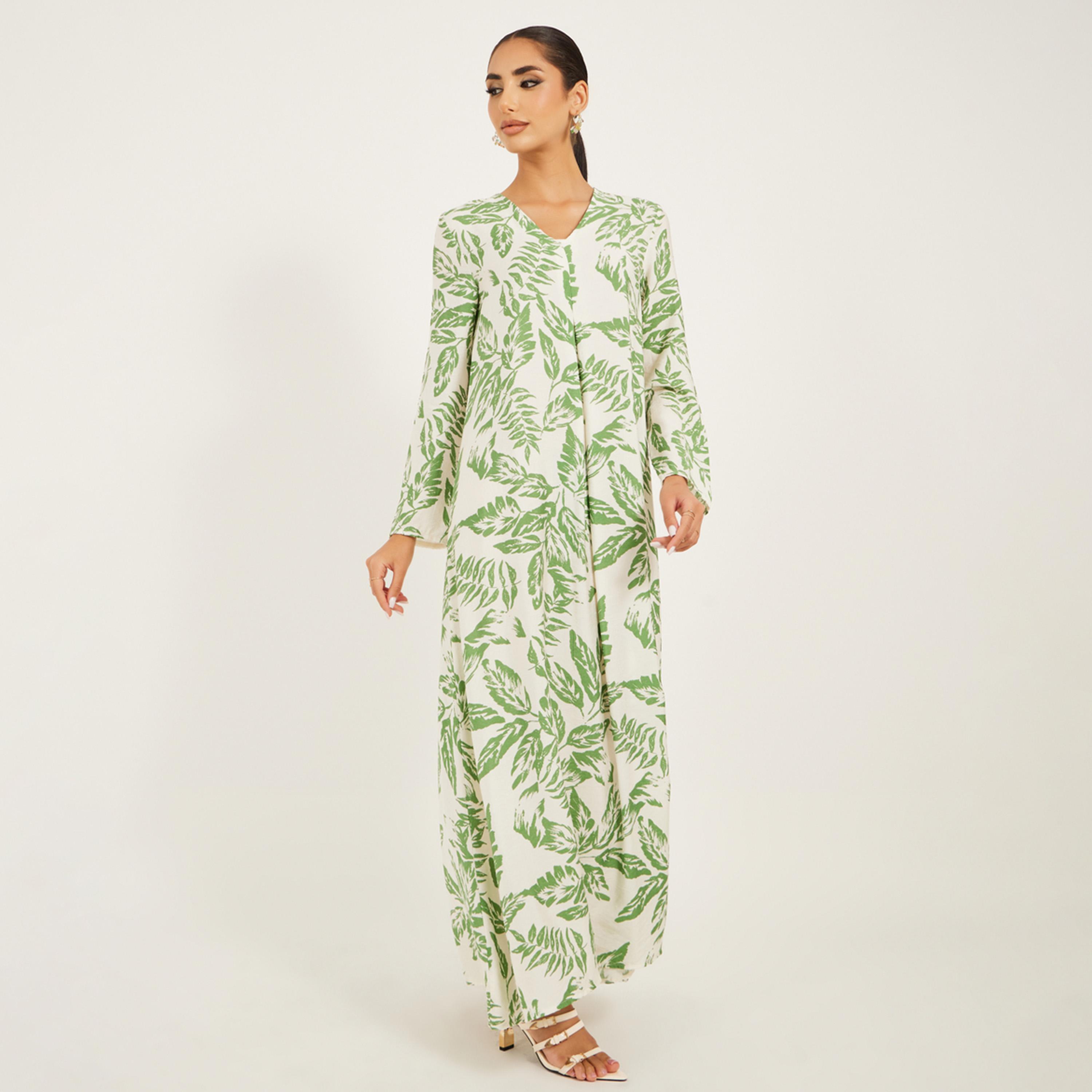 Styli All Over Foilage Print Jalabiya Is Soft Fabric W/ Front Pleat Detail-women-arabicclothing-jalabiyas-image-1