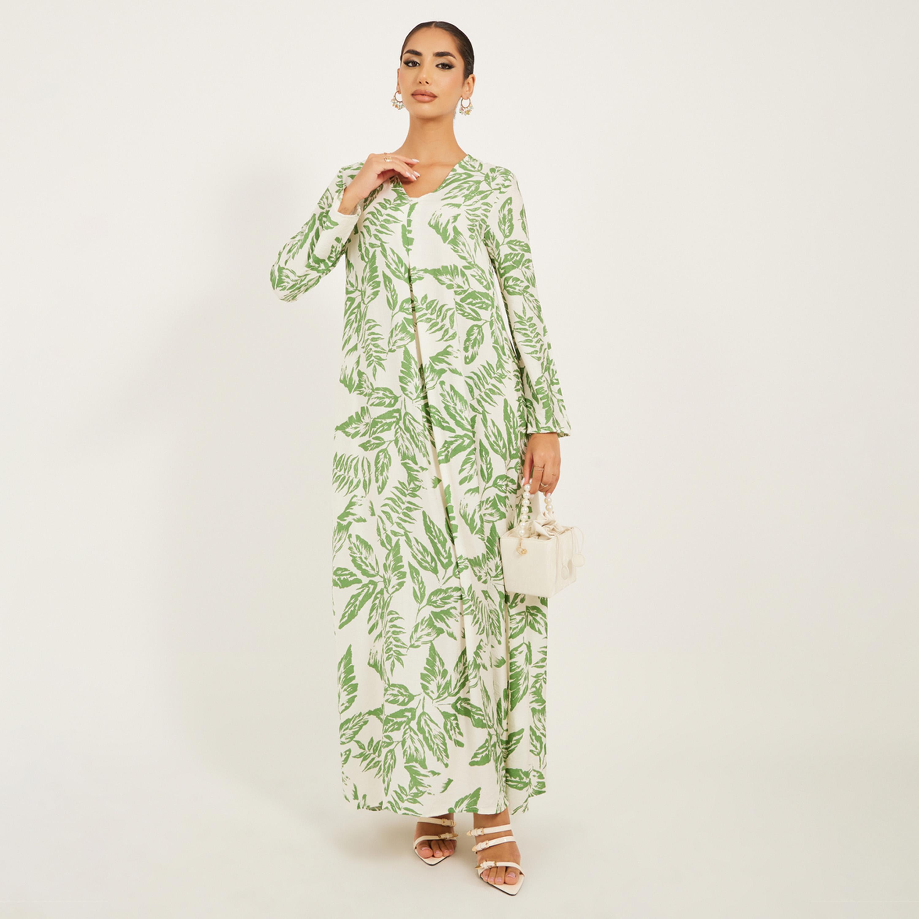 Styli All Over Foilage Print Jalabiya Is Soft Fabric W/ Front Pleat Detail-women-arabicclothing-jalabiyas-image-2