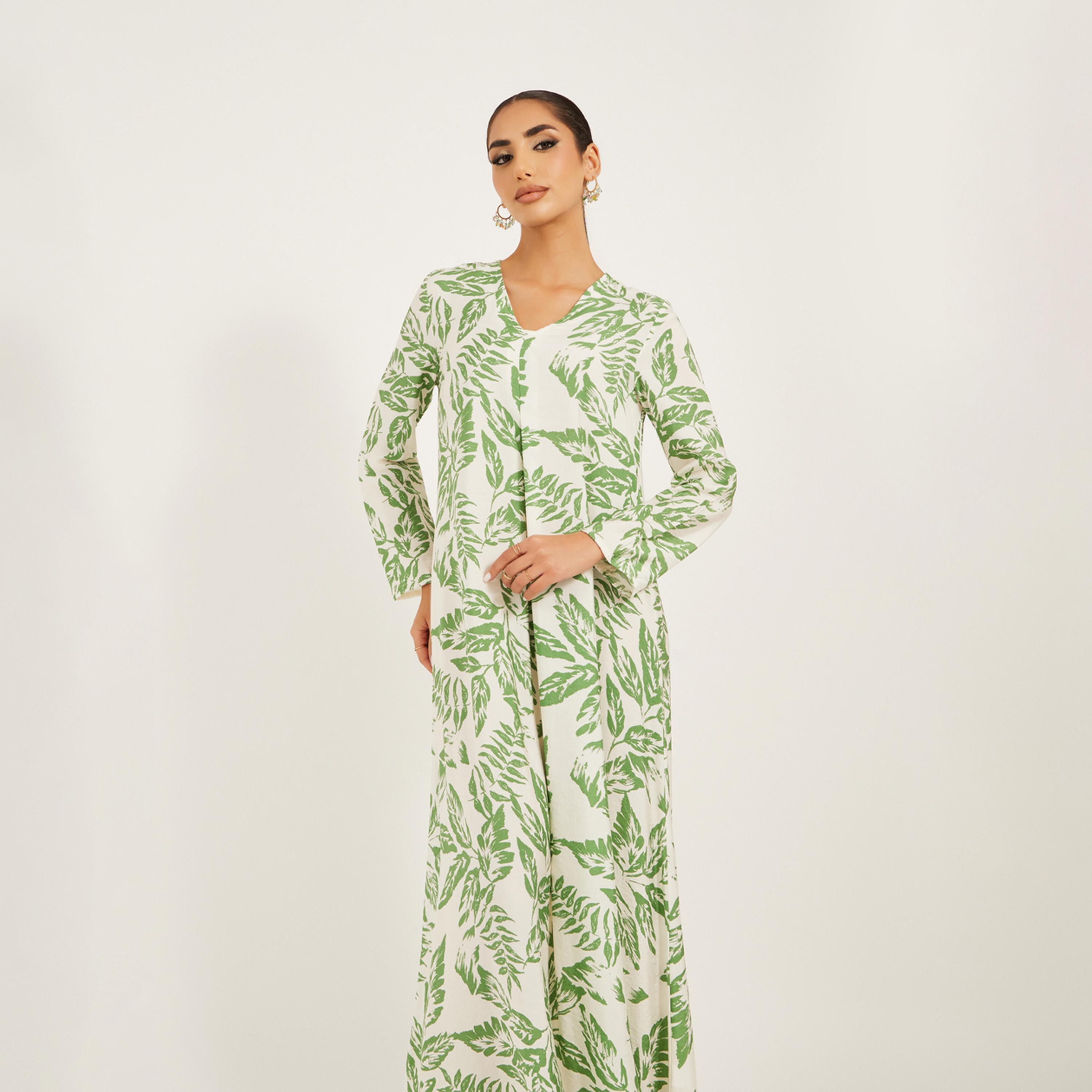 Styli All Over Foilage Print Jalabiya Is Soft Fabric W/ Front Pleat Detail-women-arabicclothing-jalabiyas-image-3