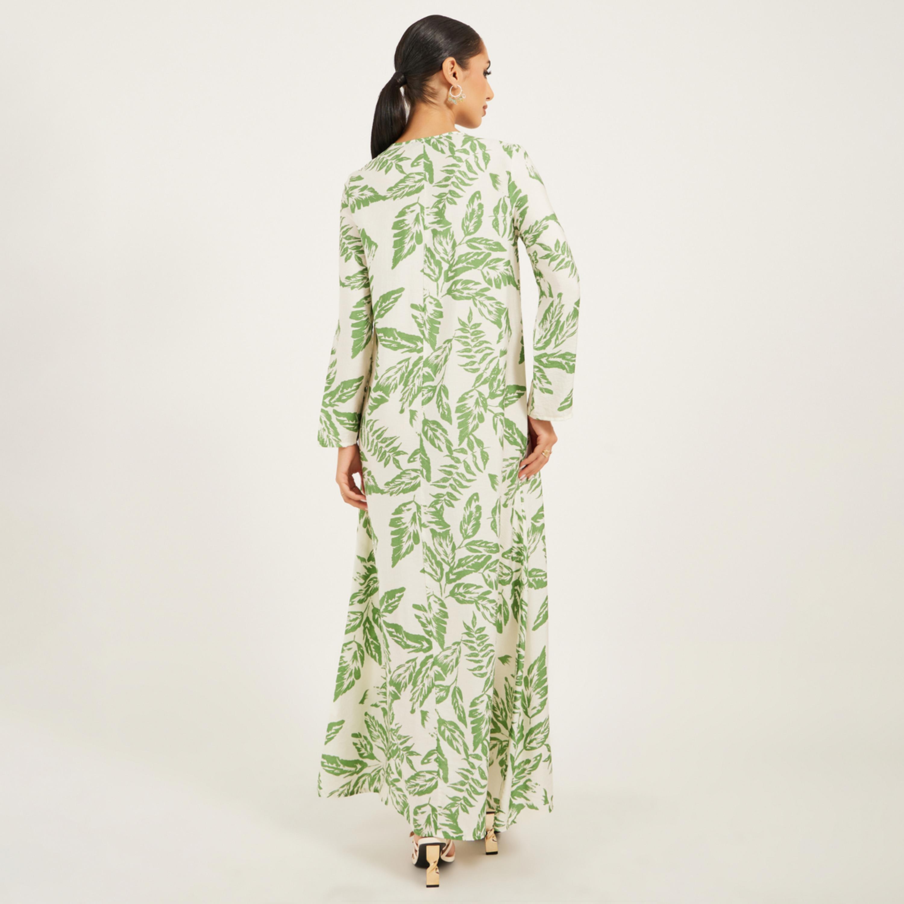 ستايلي - جلابية بنقشة أوراق الشجر وقماش ناعم مع تفاصيل ثنية أمامية-women-arabicclothing-jalabiyas-image-5