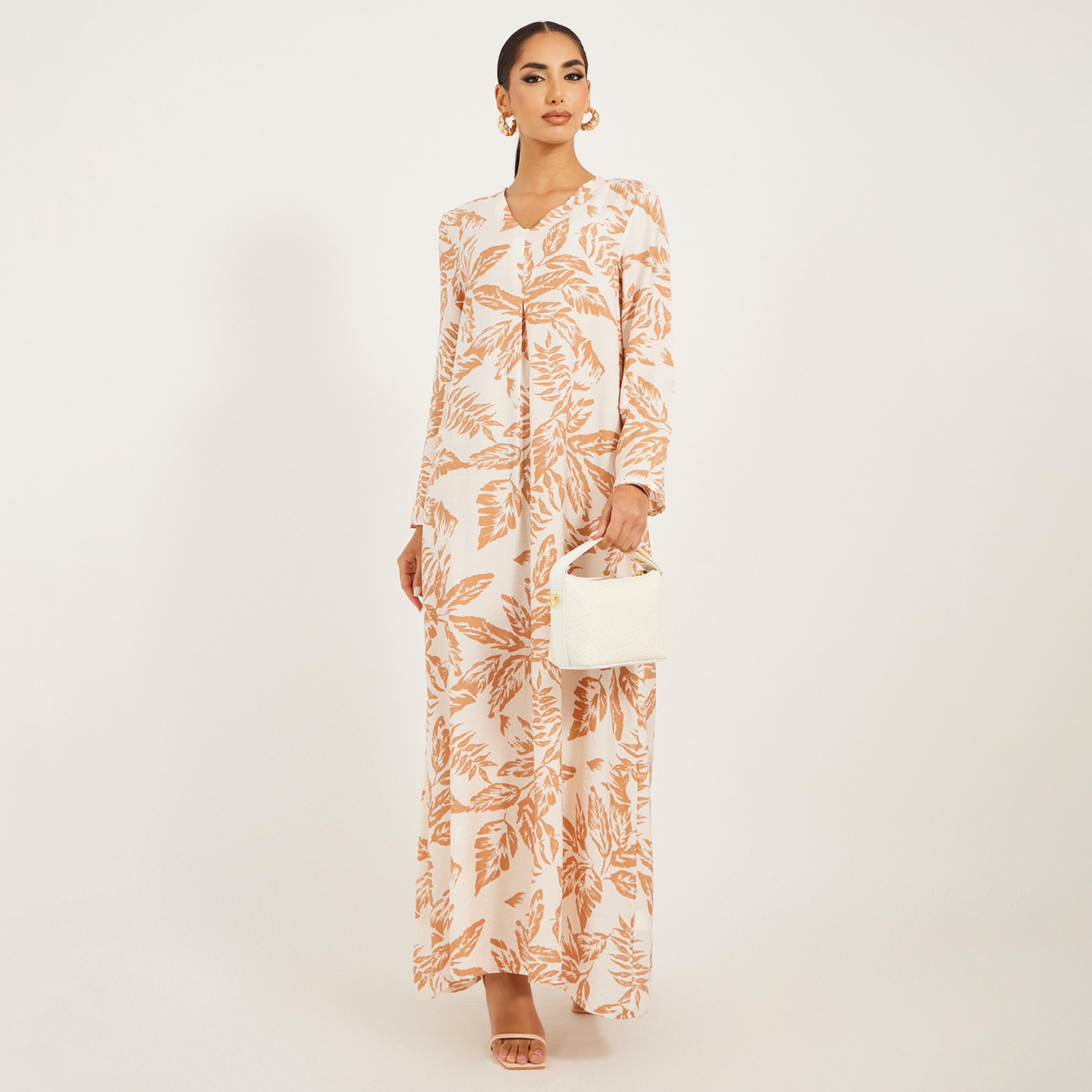 ستايلي - جلابية بنقشة أوراق الشجر وقماش ناعم مع تفاصيل ثنية أمامية-women-arabicclothing-jalabiyas-image-1