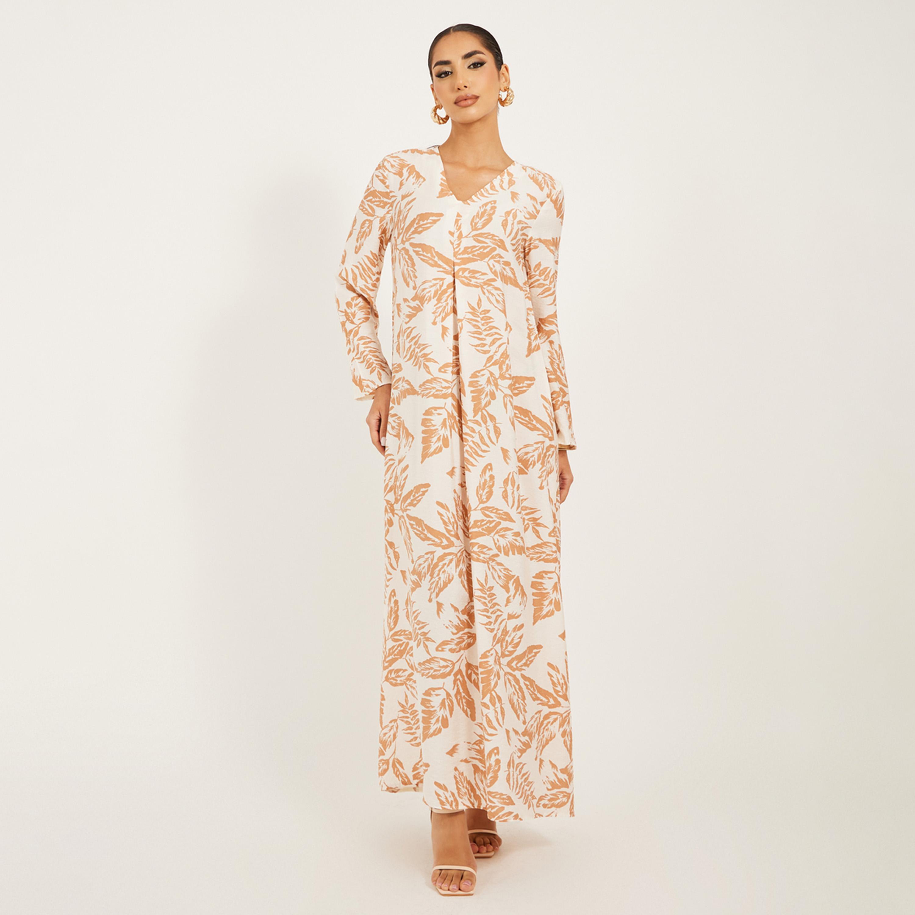 ستايلي - جلابية بنقشة أوراق الشجر وقماش ناعم مع تفاصيل ثنية أمامية-women-arabicclothing-jalabiyas-image-2