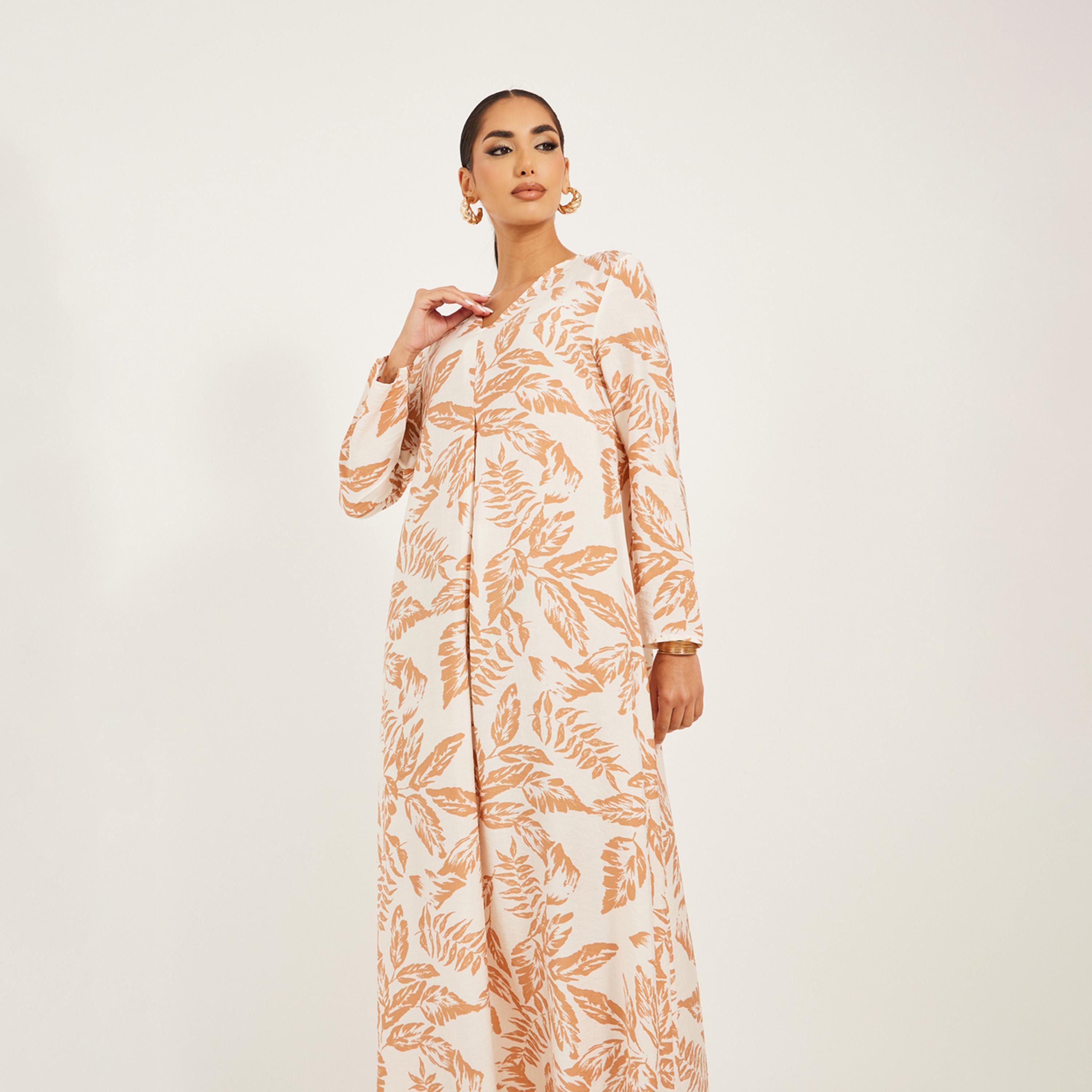 ستايلي - جلابية بنقشة أوراق الشجر وقماش ناعم مع تفاصيل ثنية أمامية-women-arabicclothing-jalabiyas-image-3