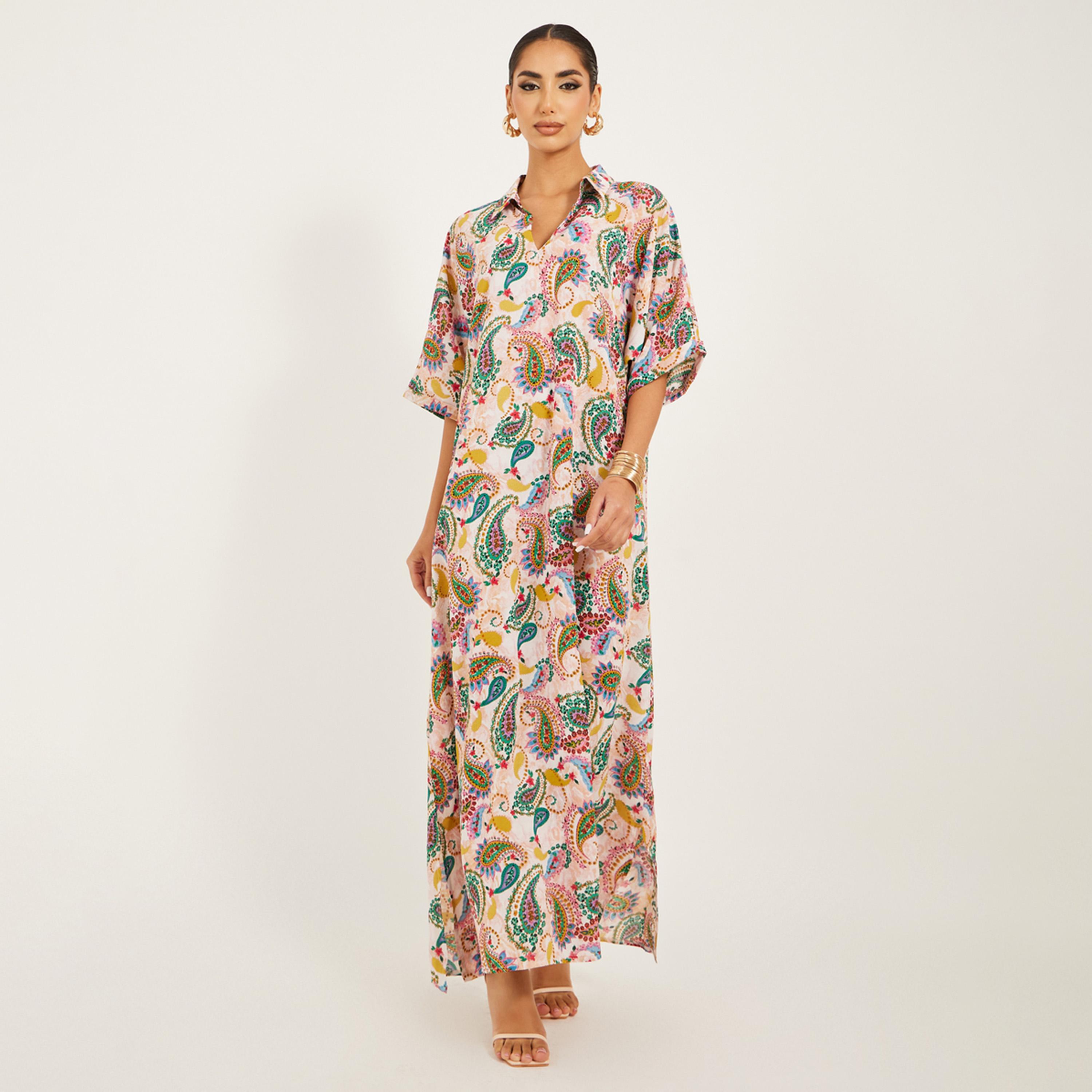 Styli All Over Paisley Print Batwing Fit Shaort Sleeve Jalabiya W/ Collar And Side Slits-women-arabicclothing-jalabiyas-image-1