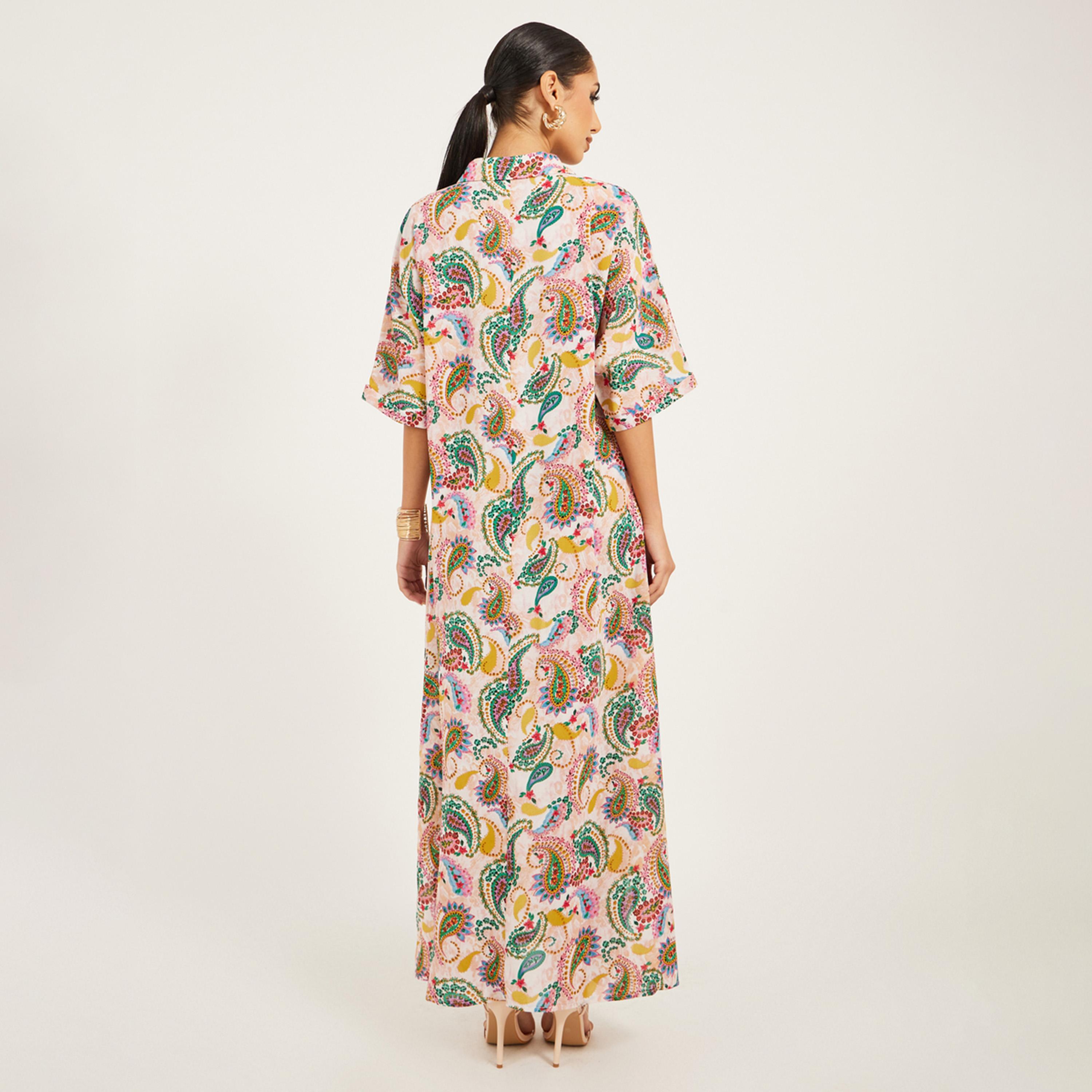 ستايلي - جلابية بتصميم جناح الخفاش بطبعة بيزلي كاملة الأكمام مع ياقة وفتحات جانبية-women-arabicclothing-jalabiyas-image-5